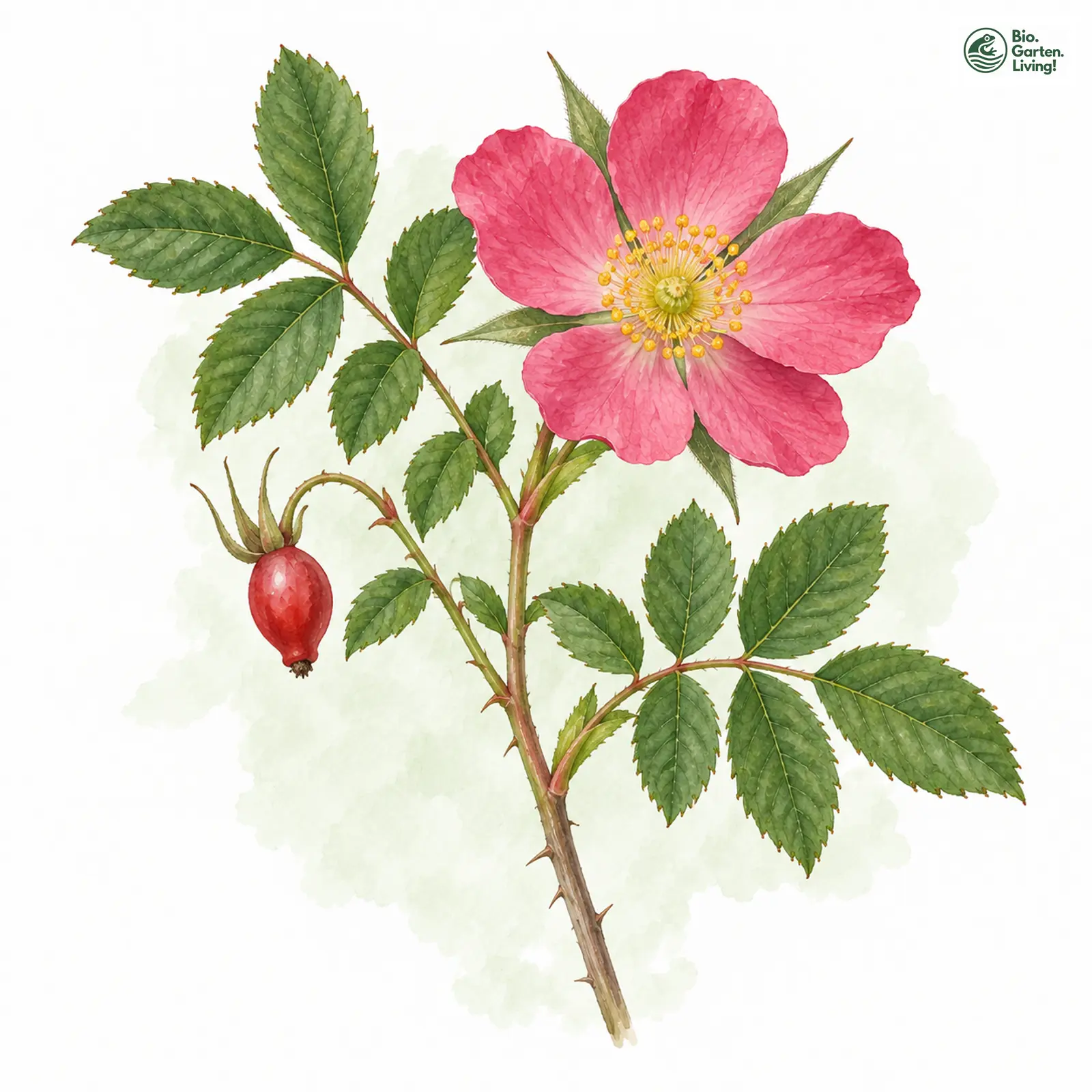 Aquarellzeichnung: Alpen-Rose (Rosa pendulina)