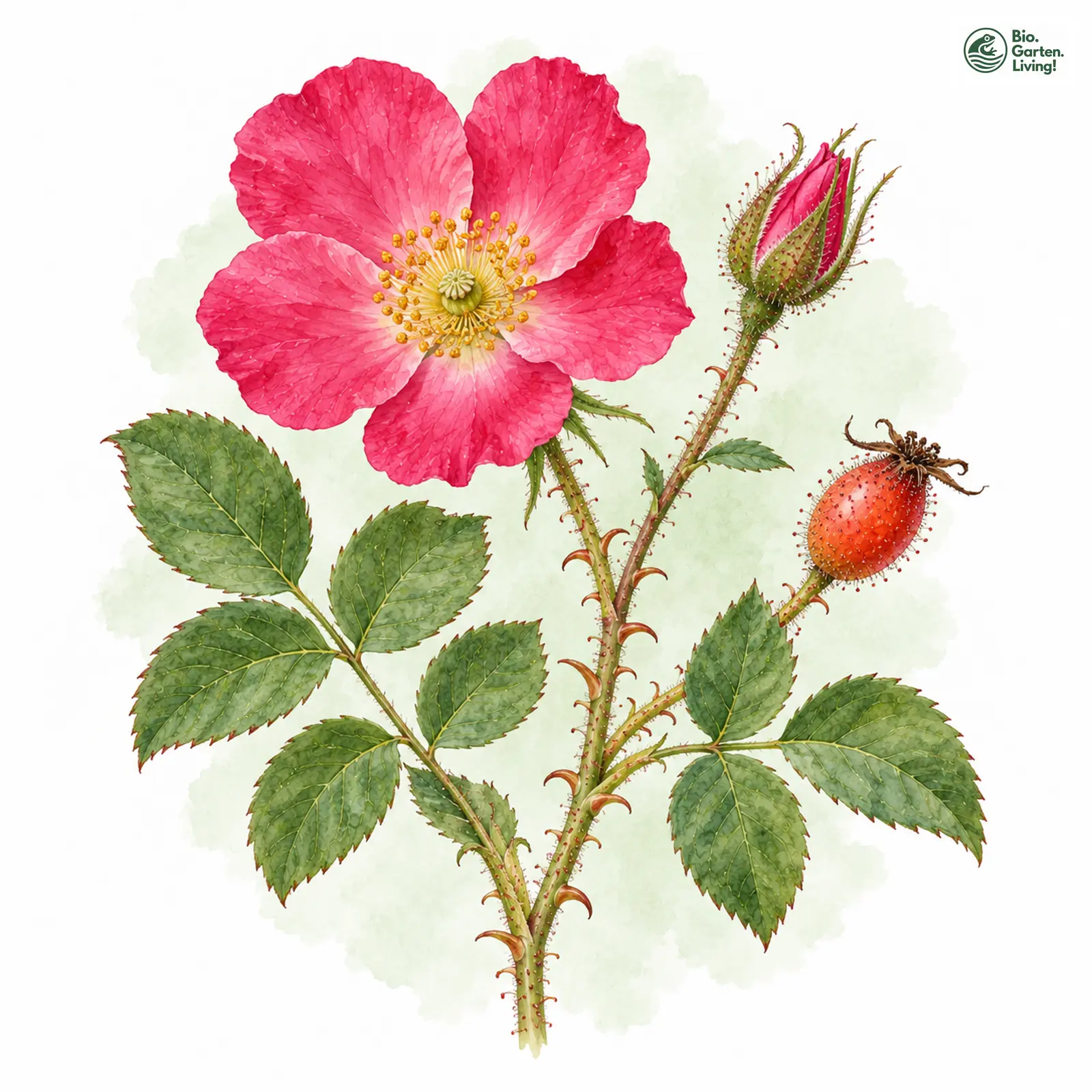 Aquarellzeichnung: Wein-Rose (Rosa rubiginosa)