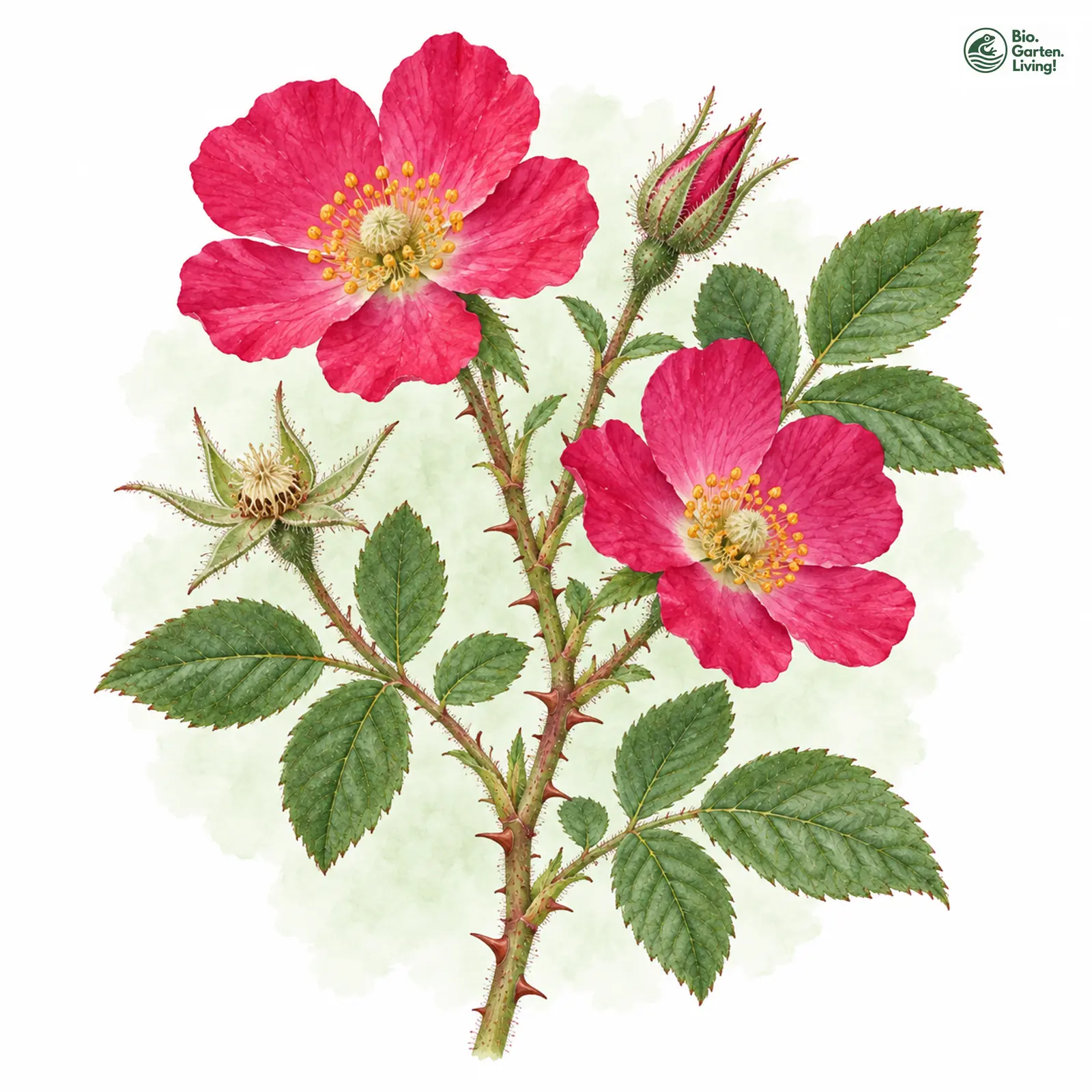 Aquarellzeichnung: Samt-Rose (Rosa sherardii)