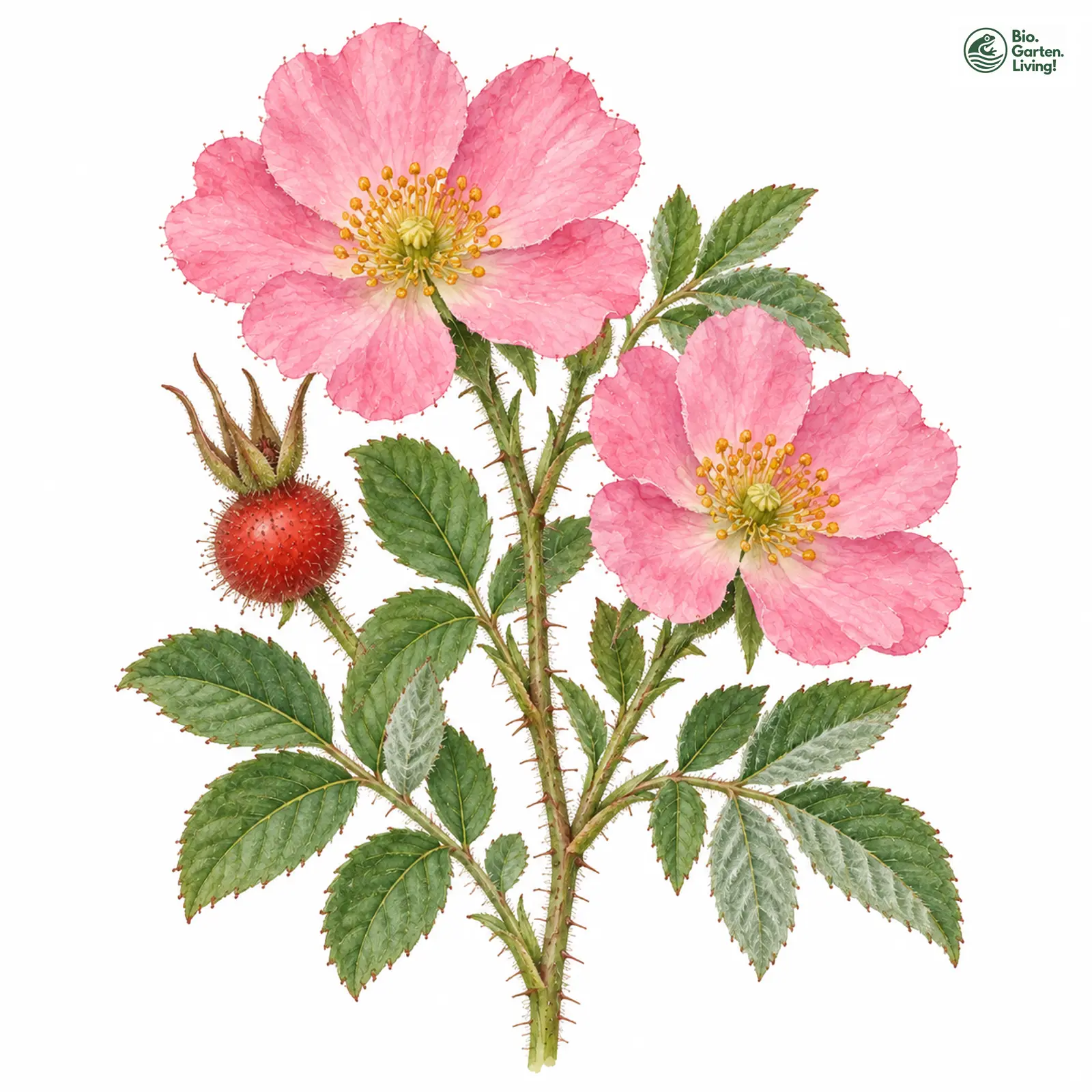 Aquarellzeichnung: Apfel-Rose (Rosa villosa)