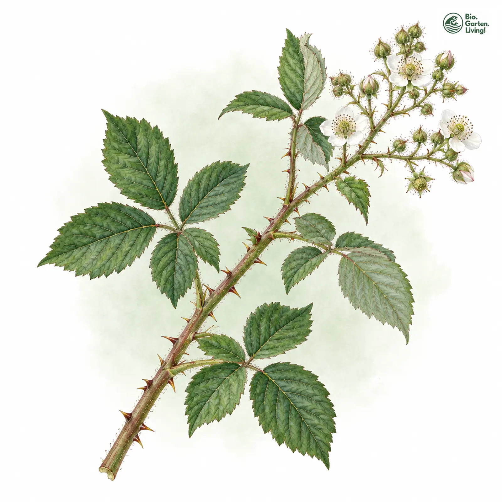 Aquarellzeichnung: Hofmann-Brombeere (Rubus acanthodes)