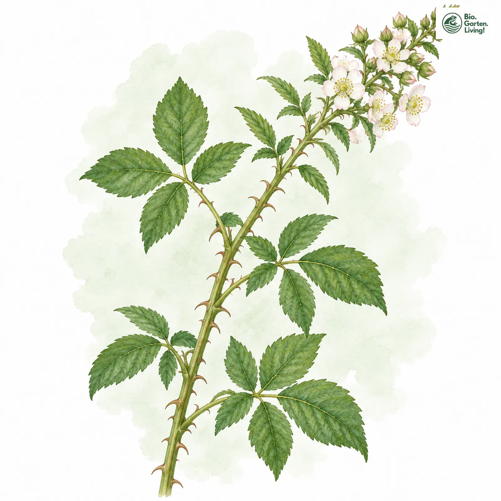 Aquarellzeichnung: Falsche Schmuck-Brombeere (Rubus adornatoides)