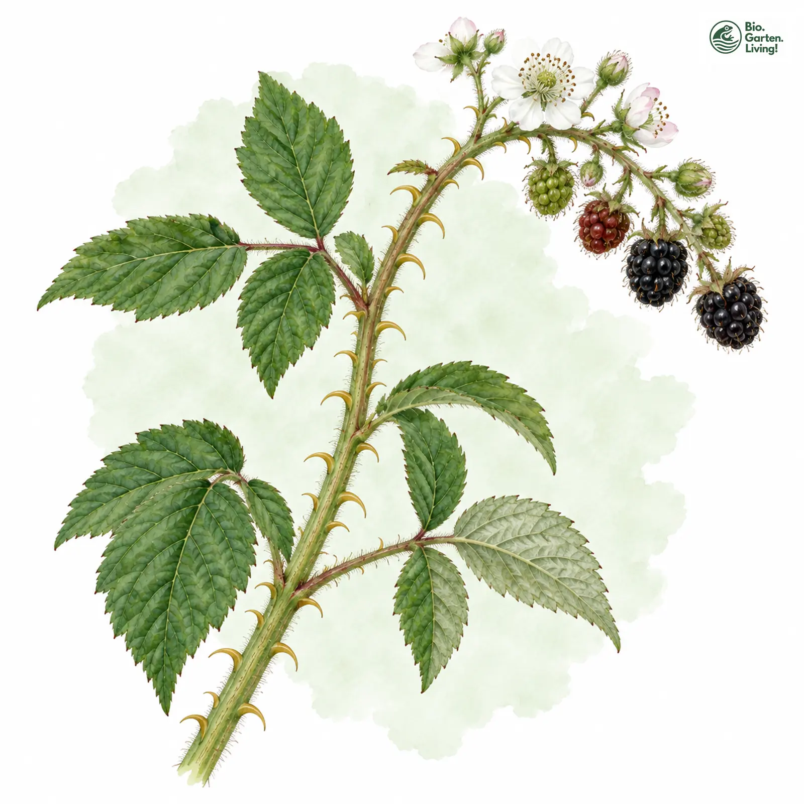 Aquarellzeichnung: Hainbuchenblättrige Brombeere (Rubus adspersus)