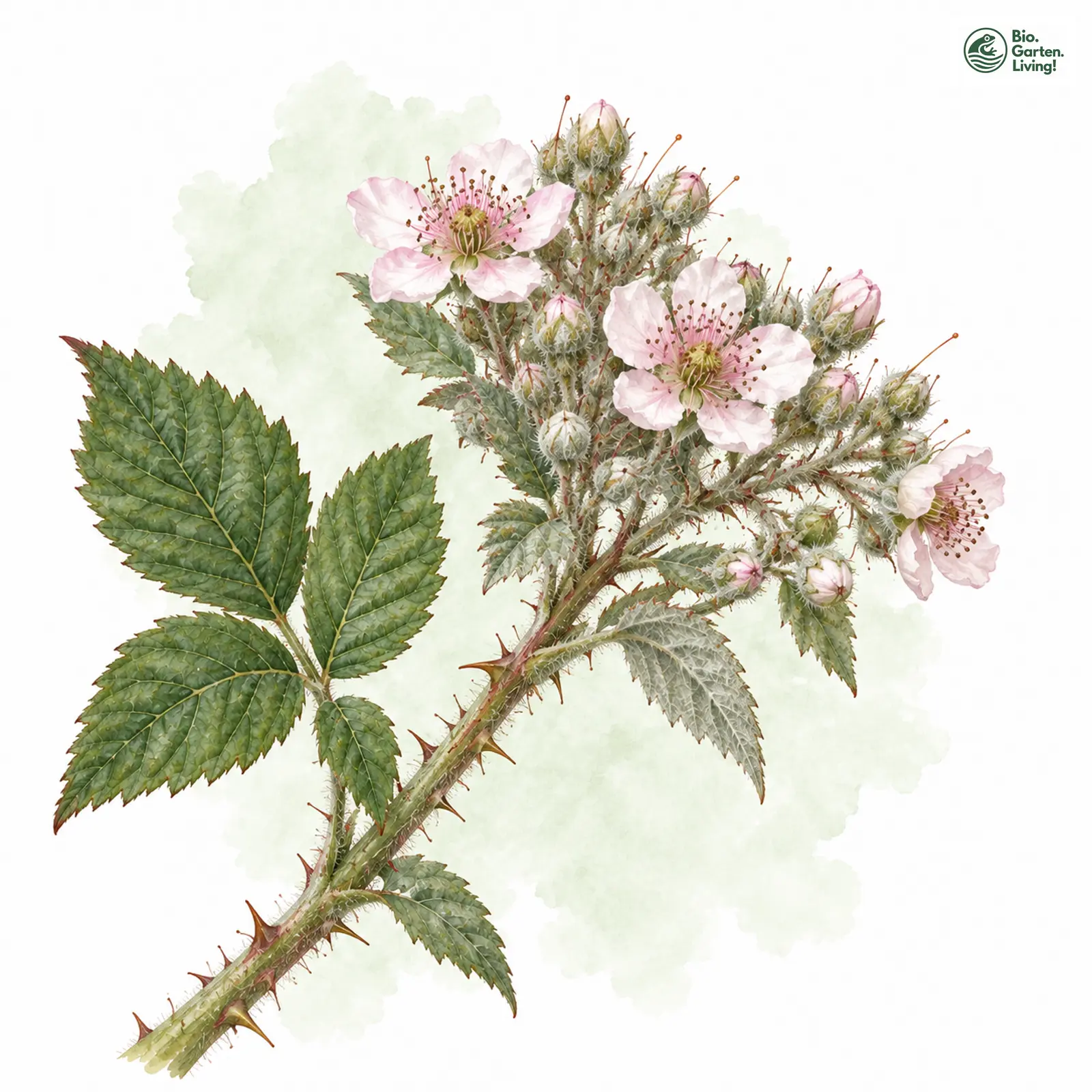 Aquarellzeichnung: Gehäuftblütige Brombeere (Rubus aggregatus)