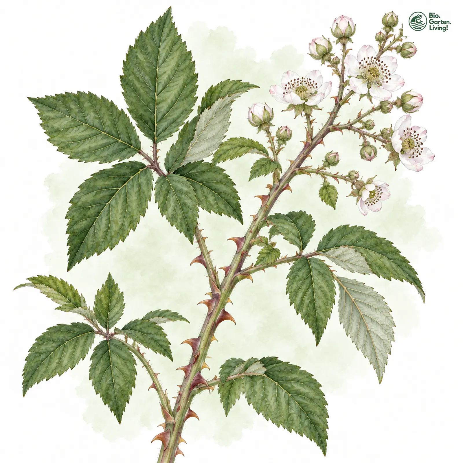 Aquarellzeichnung: Asbestschimmernde Brombeere (Rubus amiantinus)