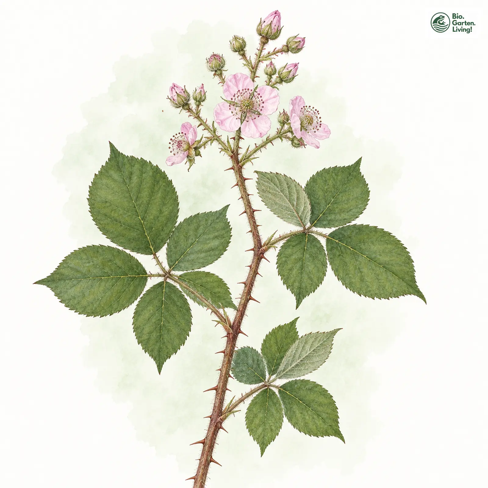 Aquarellzeichnung: Ems-Brombeere (Rubus amisiensis)