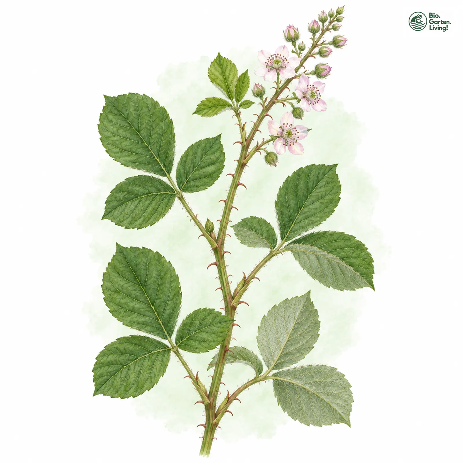 Aquarellzeichnung: Samtblättrige Haselblatt-Brombeere (Rubus amphimalacus)