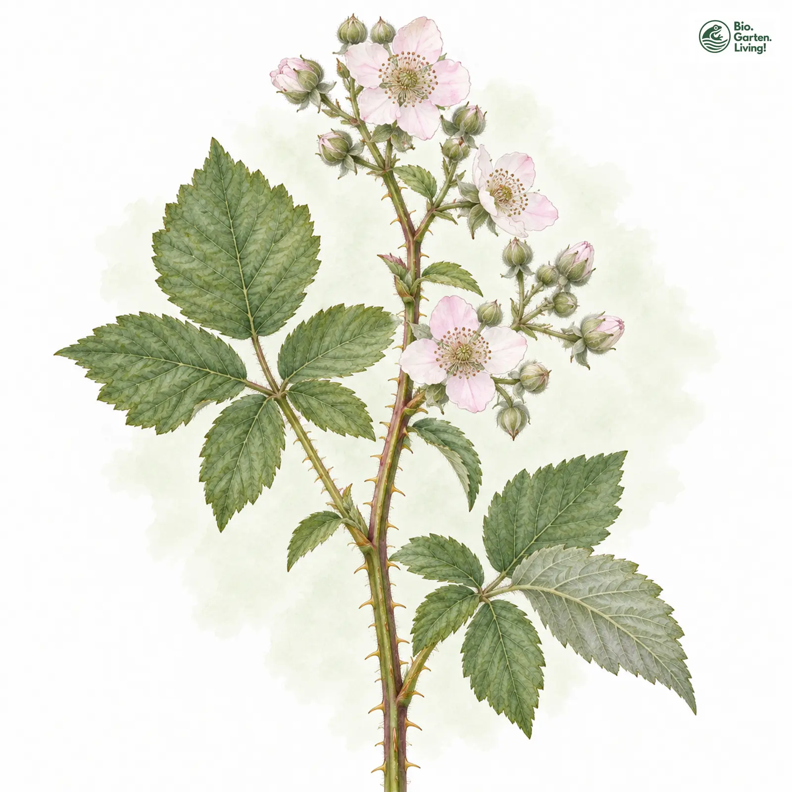 Aquarellzeichnung: Anhalter Haselblattbrombeere (Rubus anhaltianus)