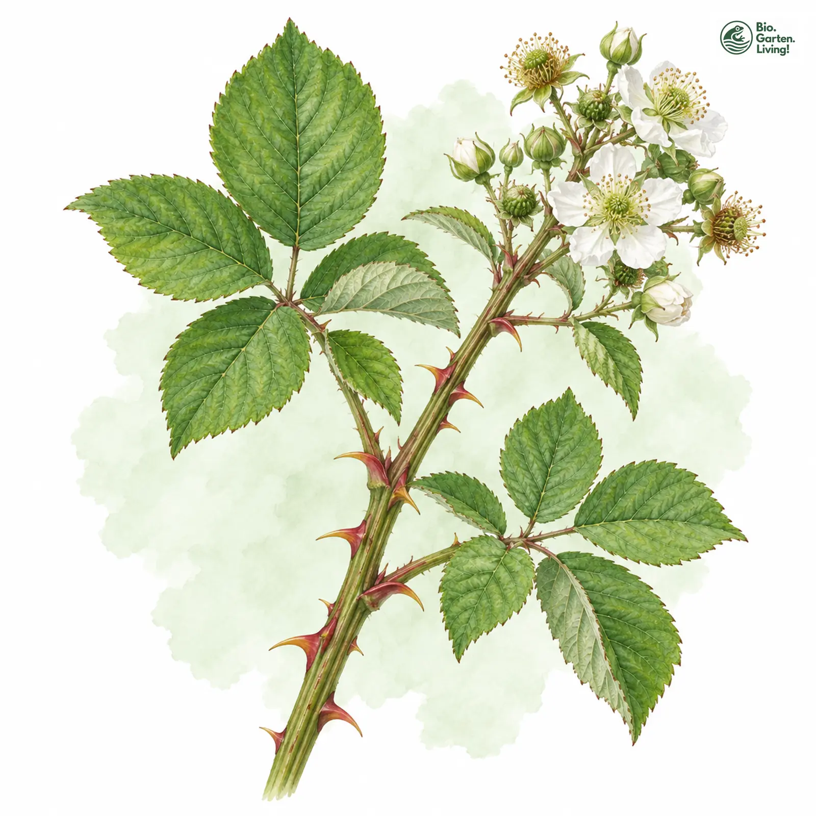 Aquarellzeichnung: Verschiedenbestachelte Brombeere (Rubus anisacanthos)
