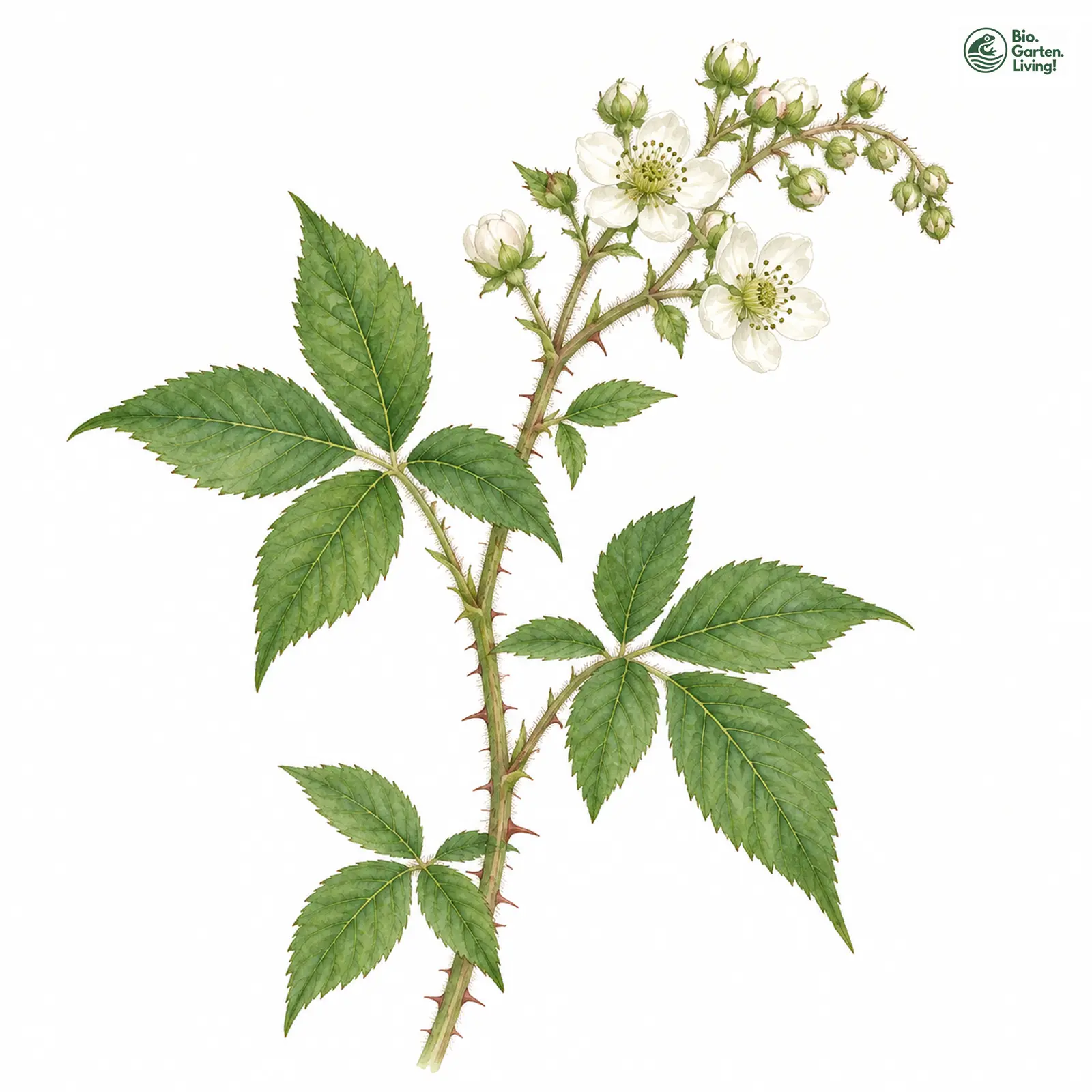 Aquarellzeichnung: Arrhenius-Brombeere (Rubus arrhenii)