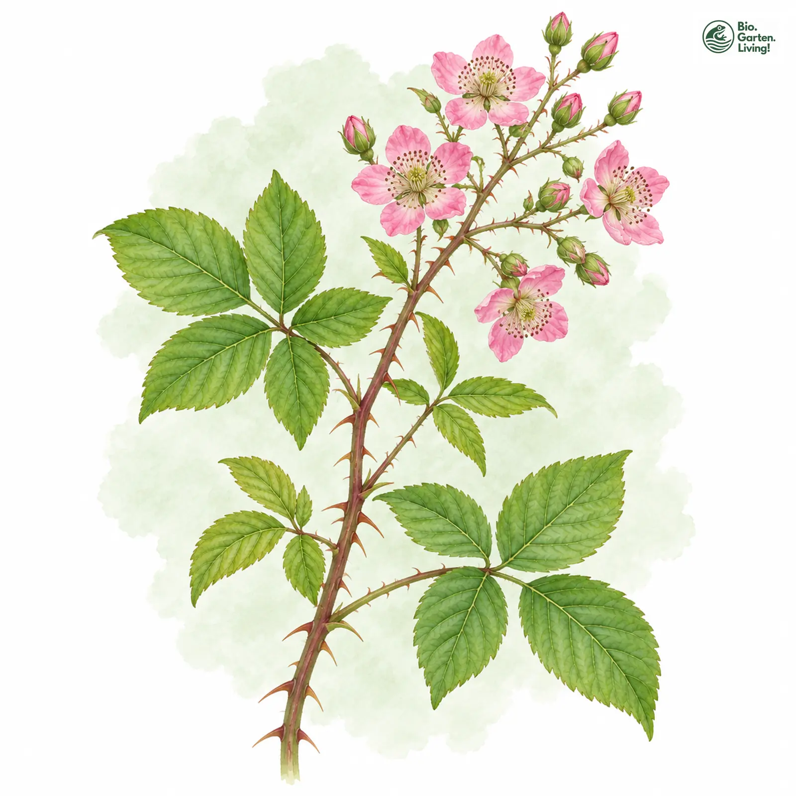 Aquarellzeichnung: Reichswald-Brombeere (Rubus arrheniiformis)