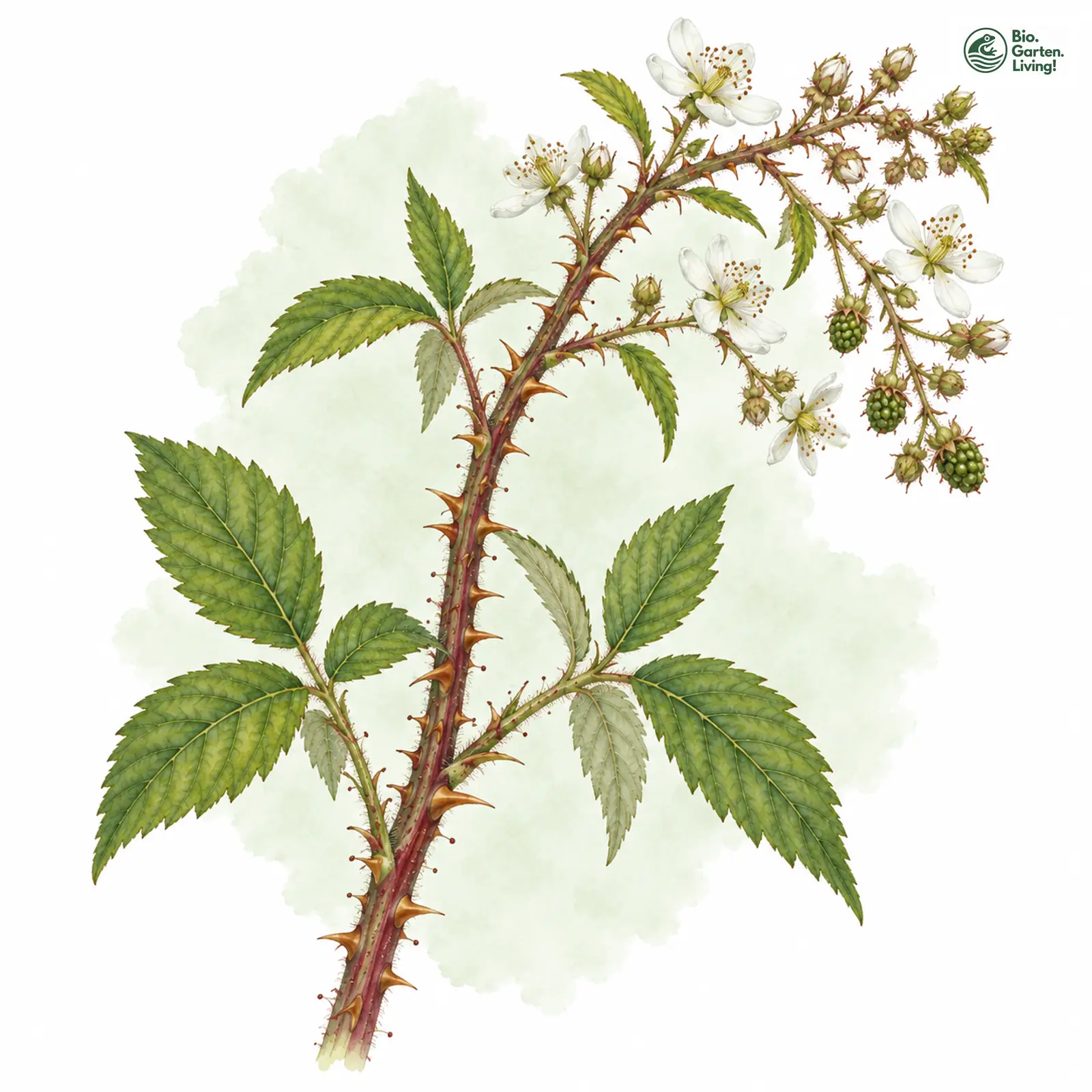 Aquarellzeichnung: Rauzähnige Brombeere (Rubus asperidens)