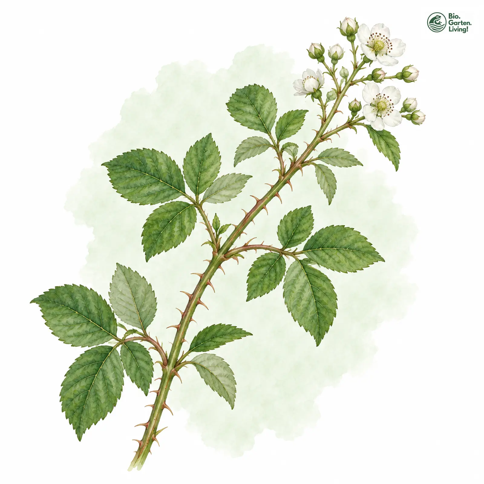 Aquarellzeichnung: Kahlmännige Brombeere (Rubus atrichantherus)