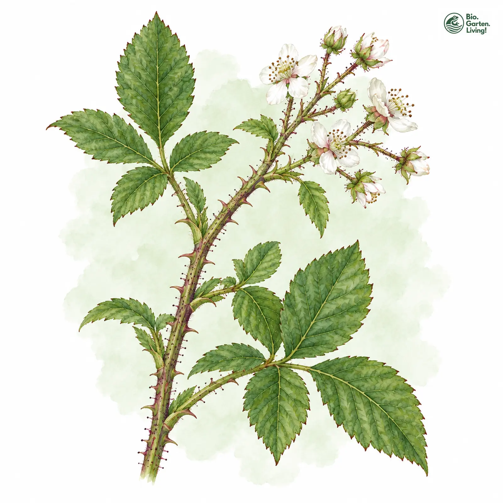 Aquarellzeichnung: Schwarzrotdrüsige Brombeere (Rubus atrovinosus)