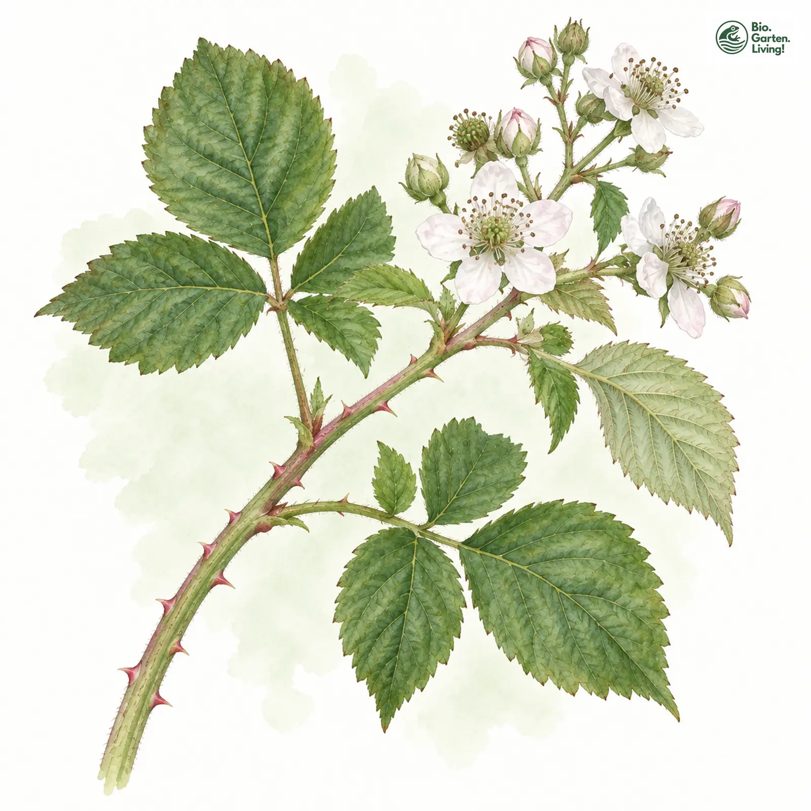 Aquarellzeichnung: Achselblütige Brombeere (Rubus axillaris)