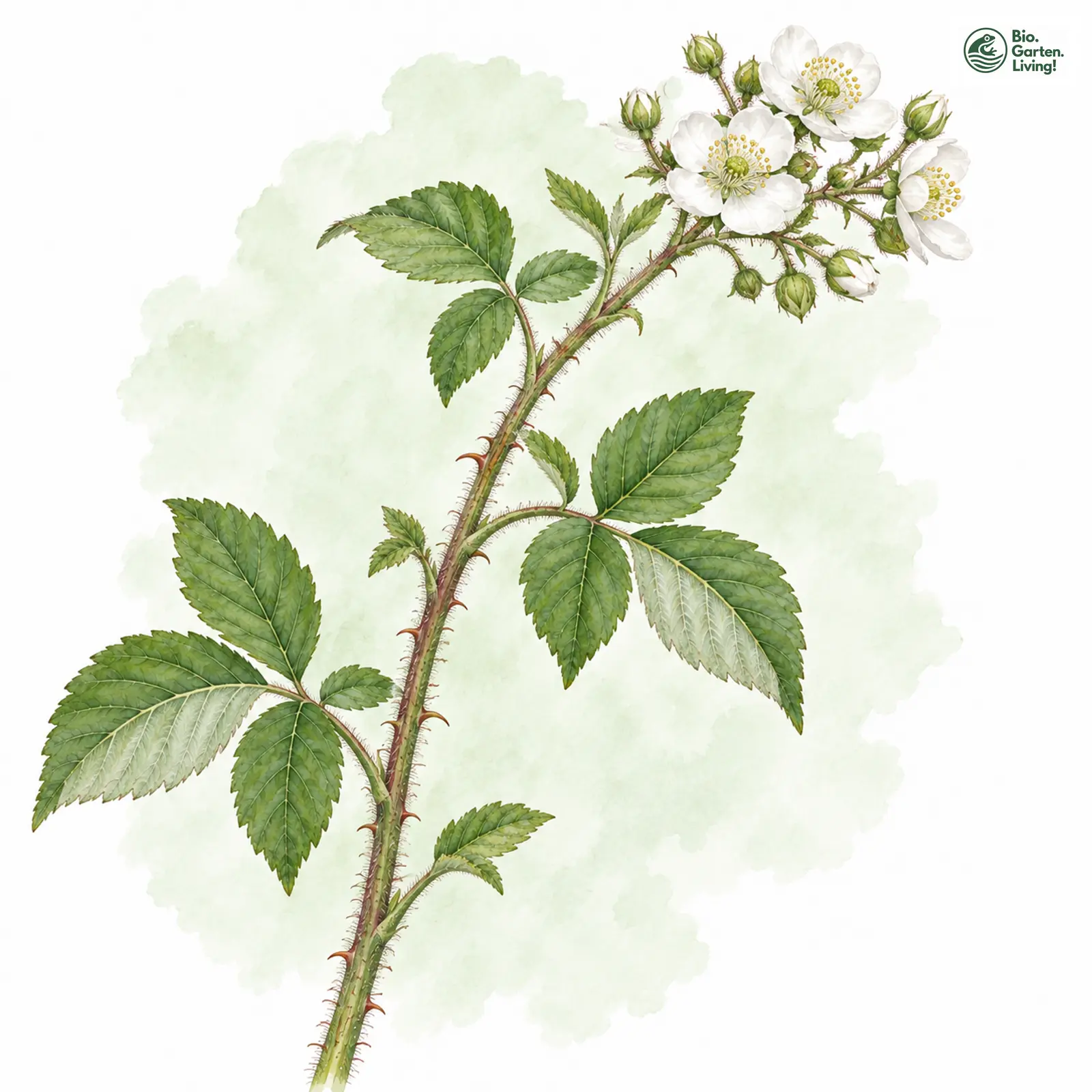 Aquarellzeichnung: Barber-Brombeere (Rubus barberi)