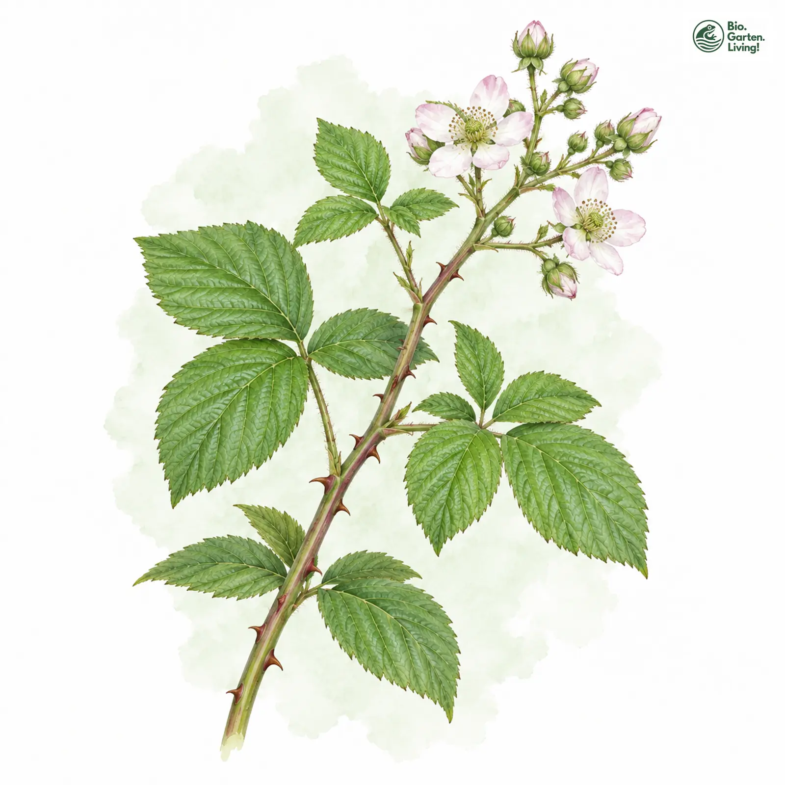 Aquarellzeichnung: Bayreuther Haselblatt-Brombeere (Rubus baruthicus)