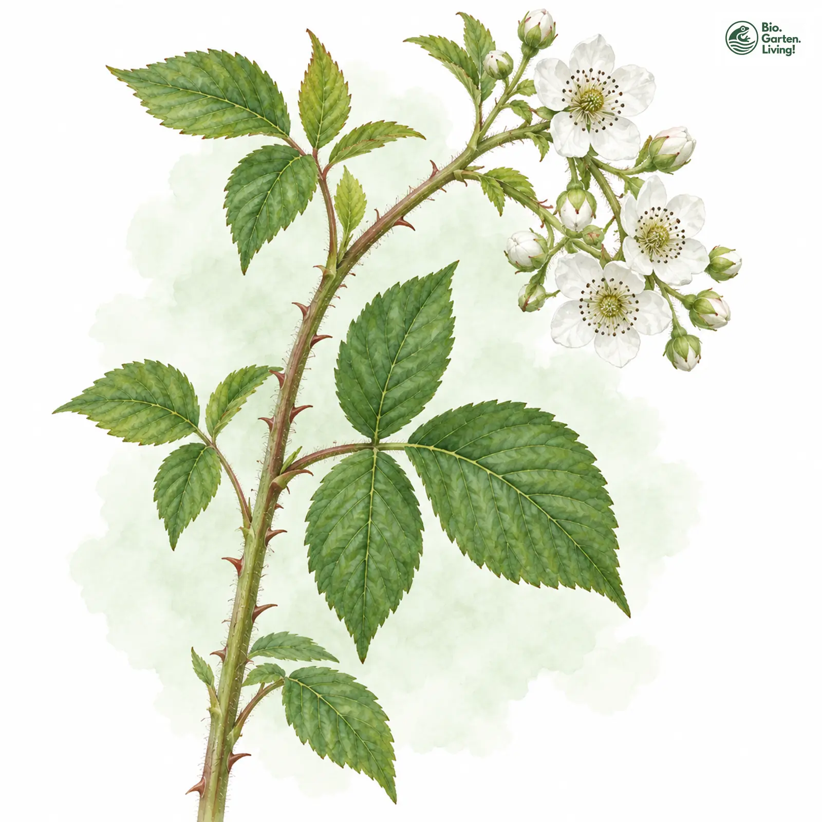 Aquarellzeichnung: Betcke-Brombeere (Rubus betckei)