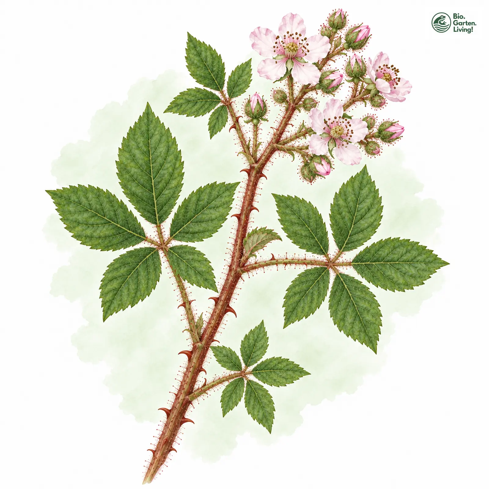 Aquarellzeichnung: Seidenhaarige Brombeere (Rubus bombycinus)