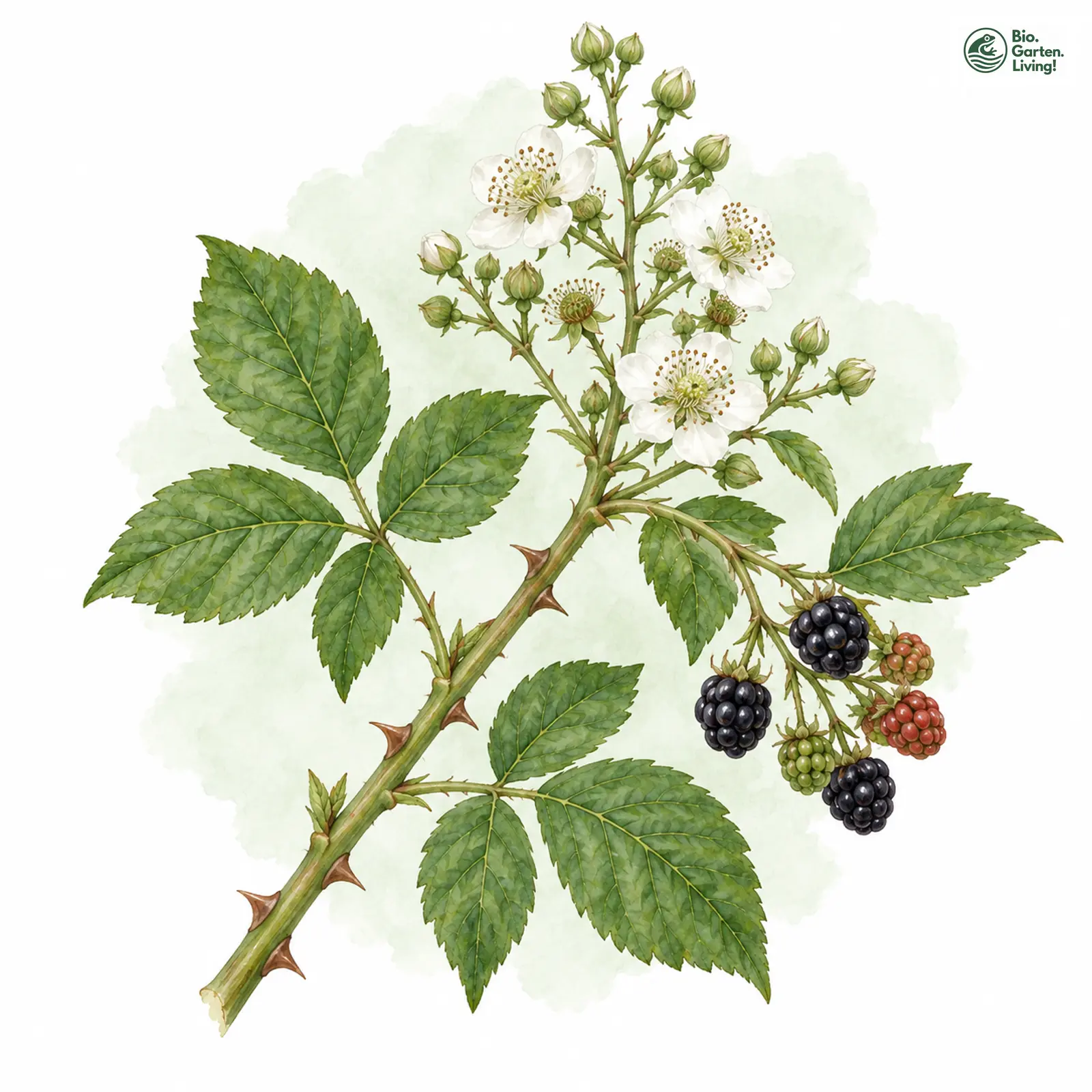 Aquarellzeichnung: Rinder-Brombeere (Rubus bovinus)