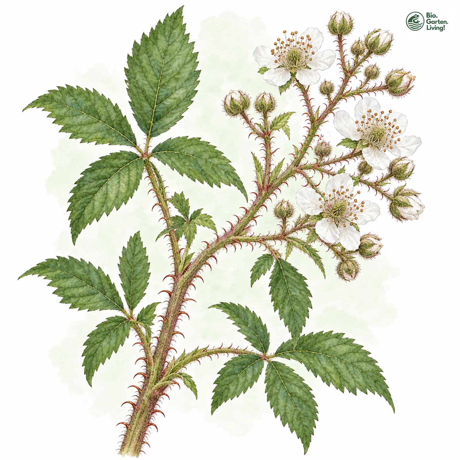 Aquarellzeichnung: Braeucker-Brombeere (Rubus braeuckeri)