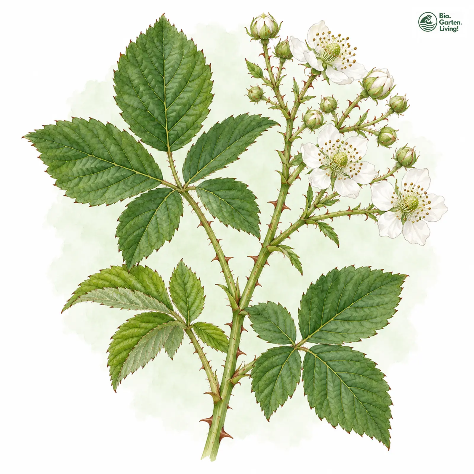 Aquarellzeichnung: Westmünsterländer Brombeere (Rubus braeuckeriformis)