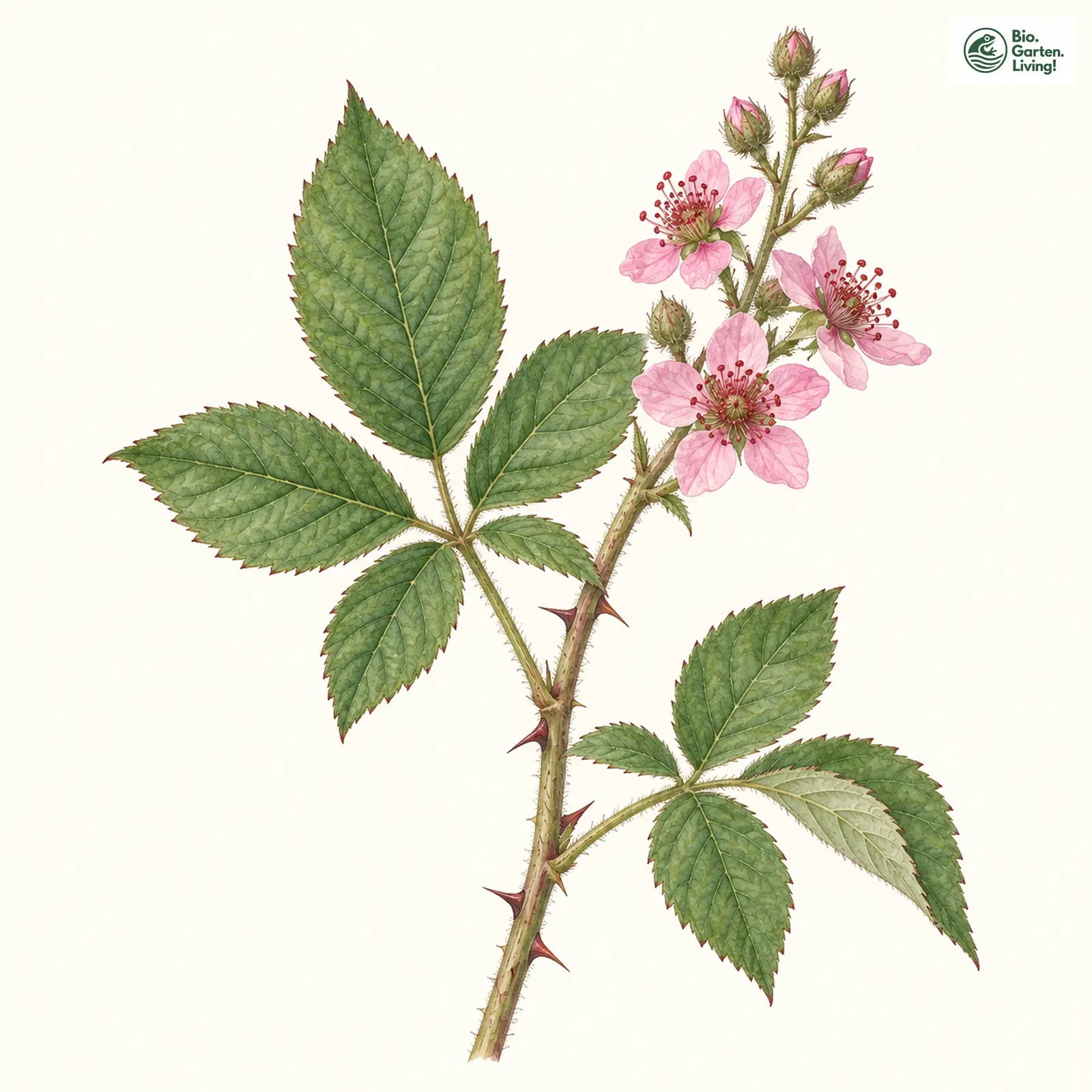 Aquarellzeichnung: Buhn-Brombeere (Rubus buhnensis)