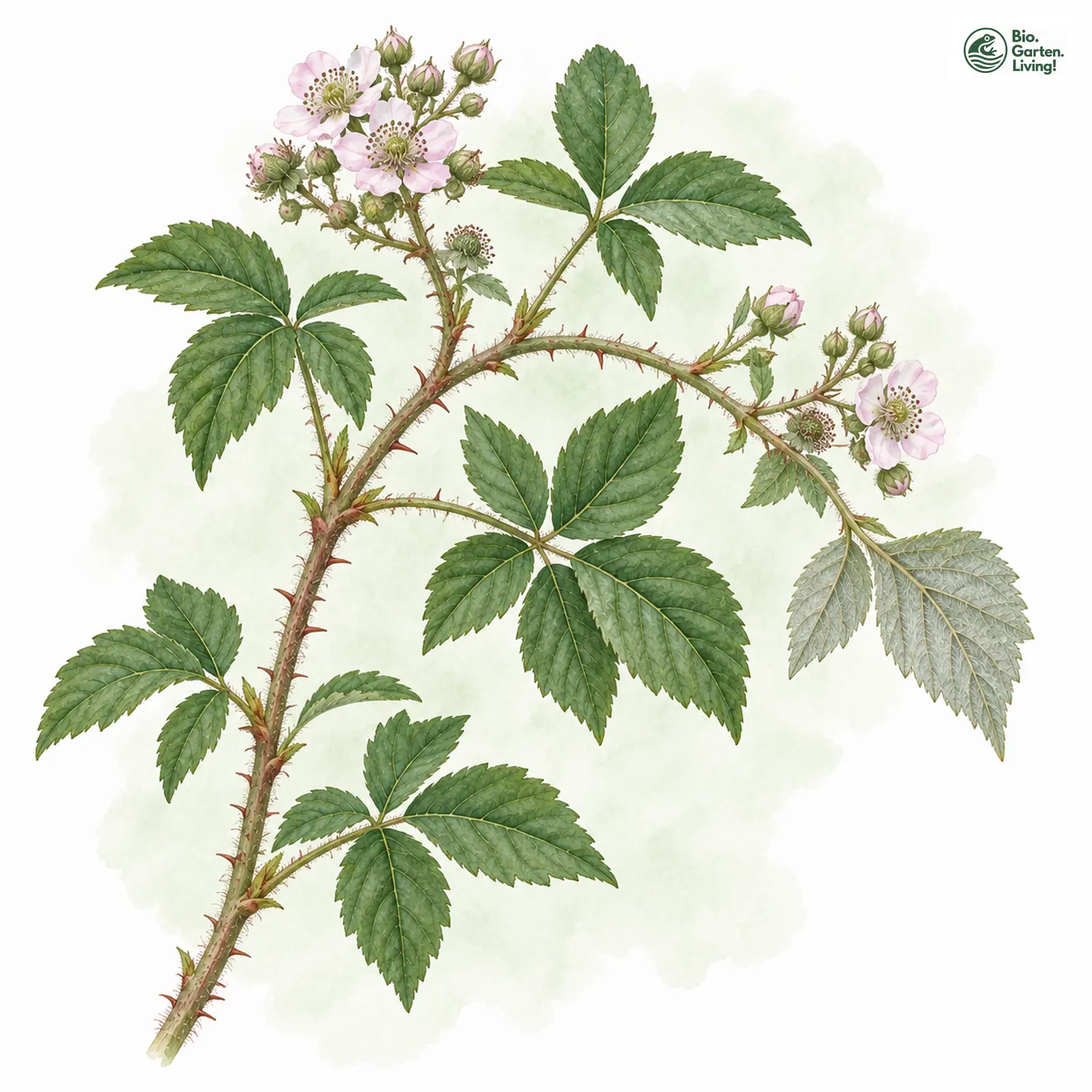 Aquarellzeichnung: Caflisch-Brombeere (Rubus caflischii)