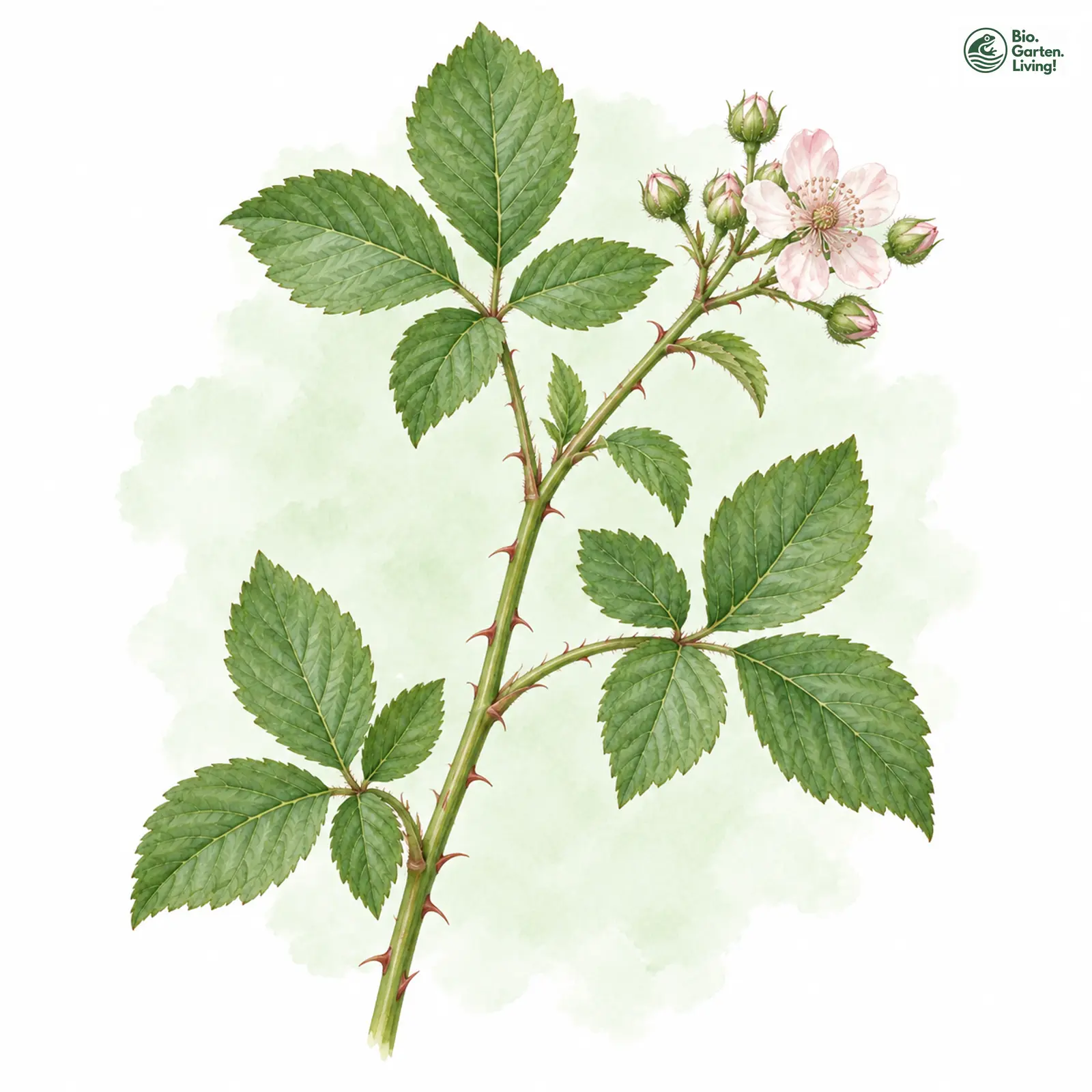 Aquarellzeichnung: Kahlköpfige Haselblatt-Brombeere (Rubus calvus)