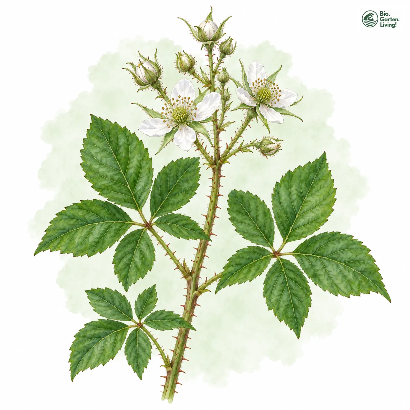 Aquarellzeichnung: Langkelchige Brombeere (Rubus calyculatus)