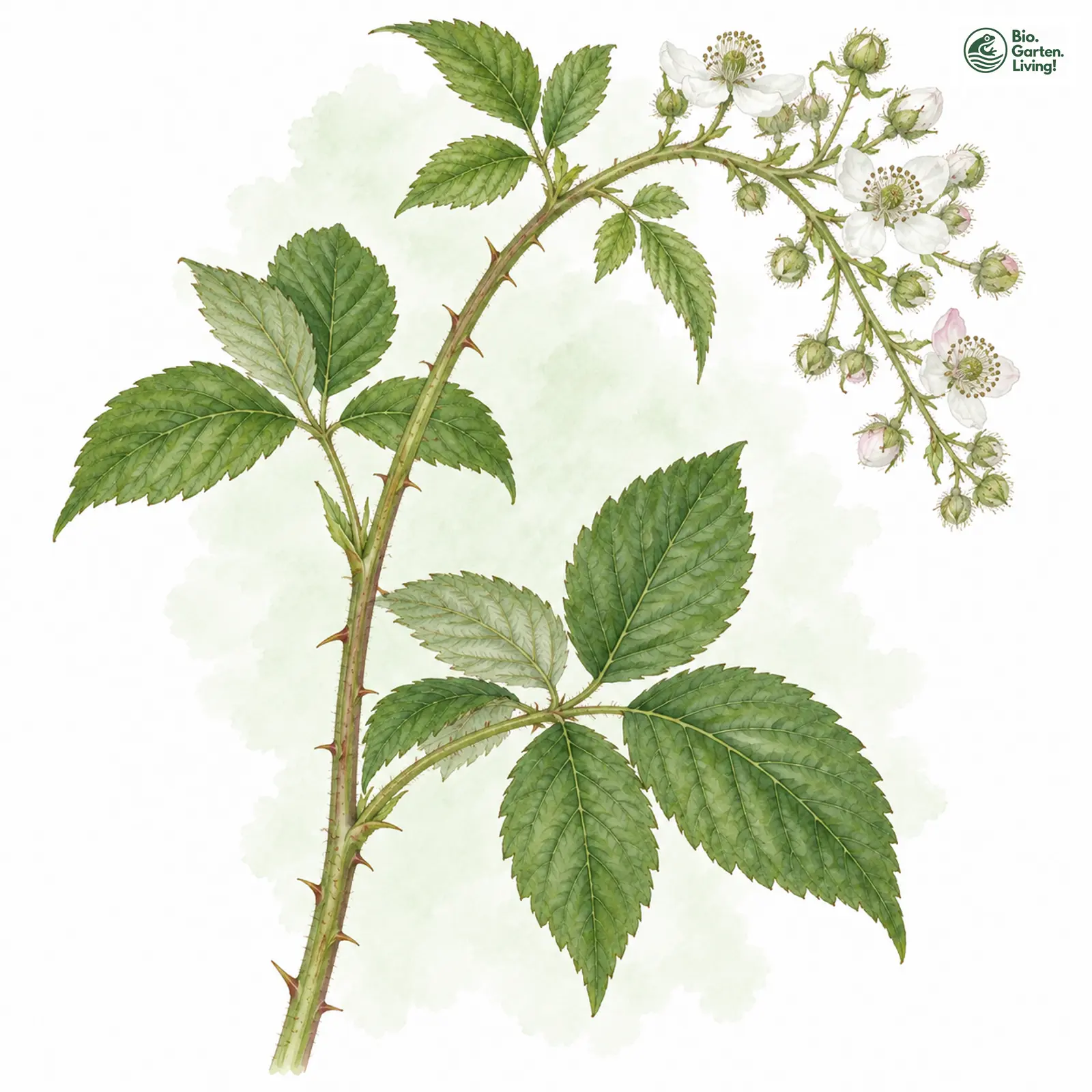 Aquarellzeichnung: Bewimperte Haselblatt-Brombeere (Rubus camptostachys)