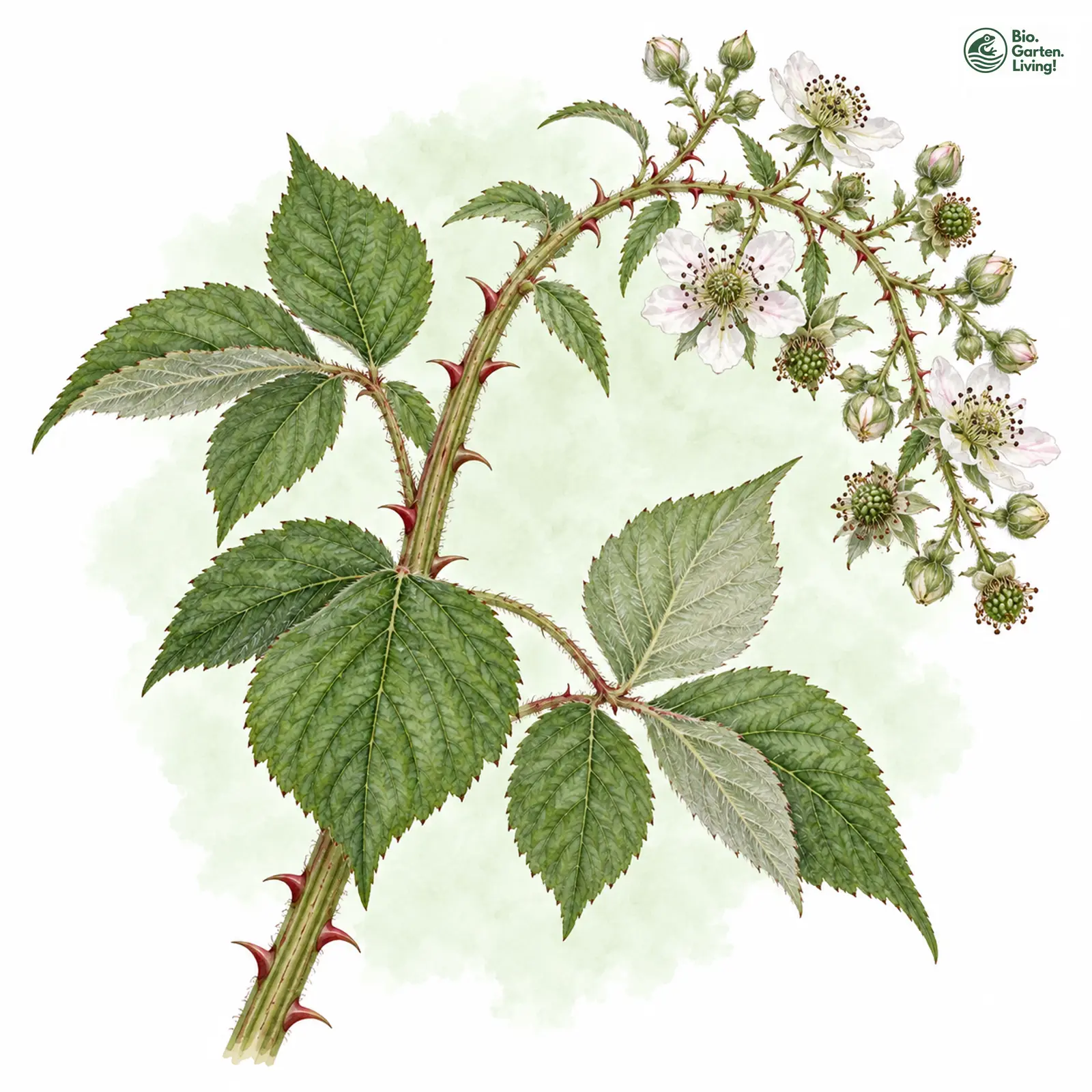 Aquarellzeichnung: Rinnige Brombeere (Rubus canaliculatus)