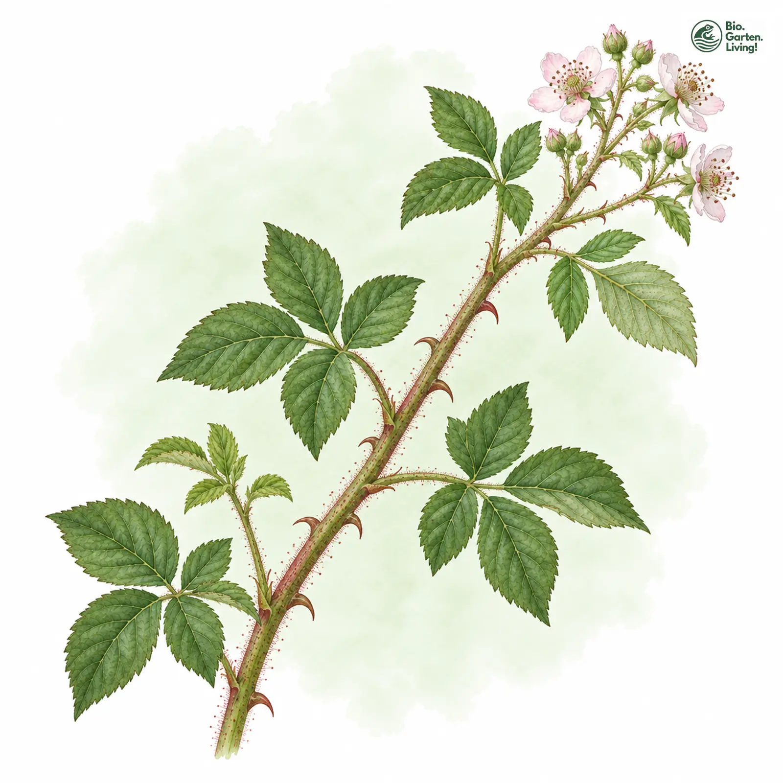 Aquarellzeichnung: Hunsrück-Brombeere (Rubus caninitergi)