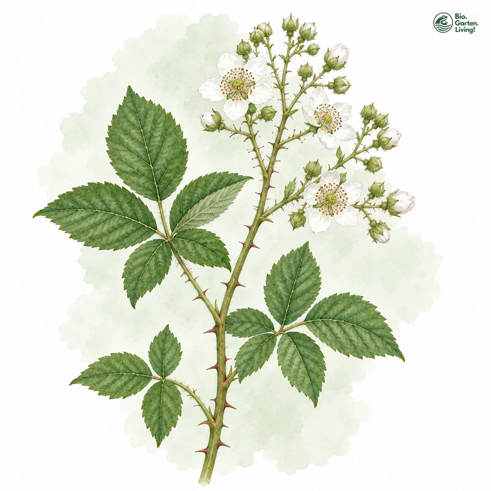 Aquarellzeichnung: Frischgrüne Brombeere (Rubus chaerophyllus)