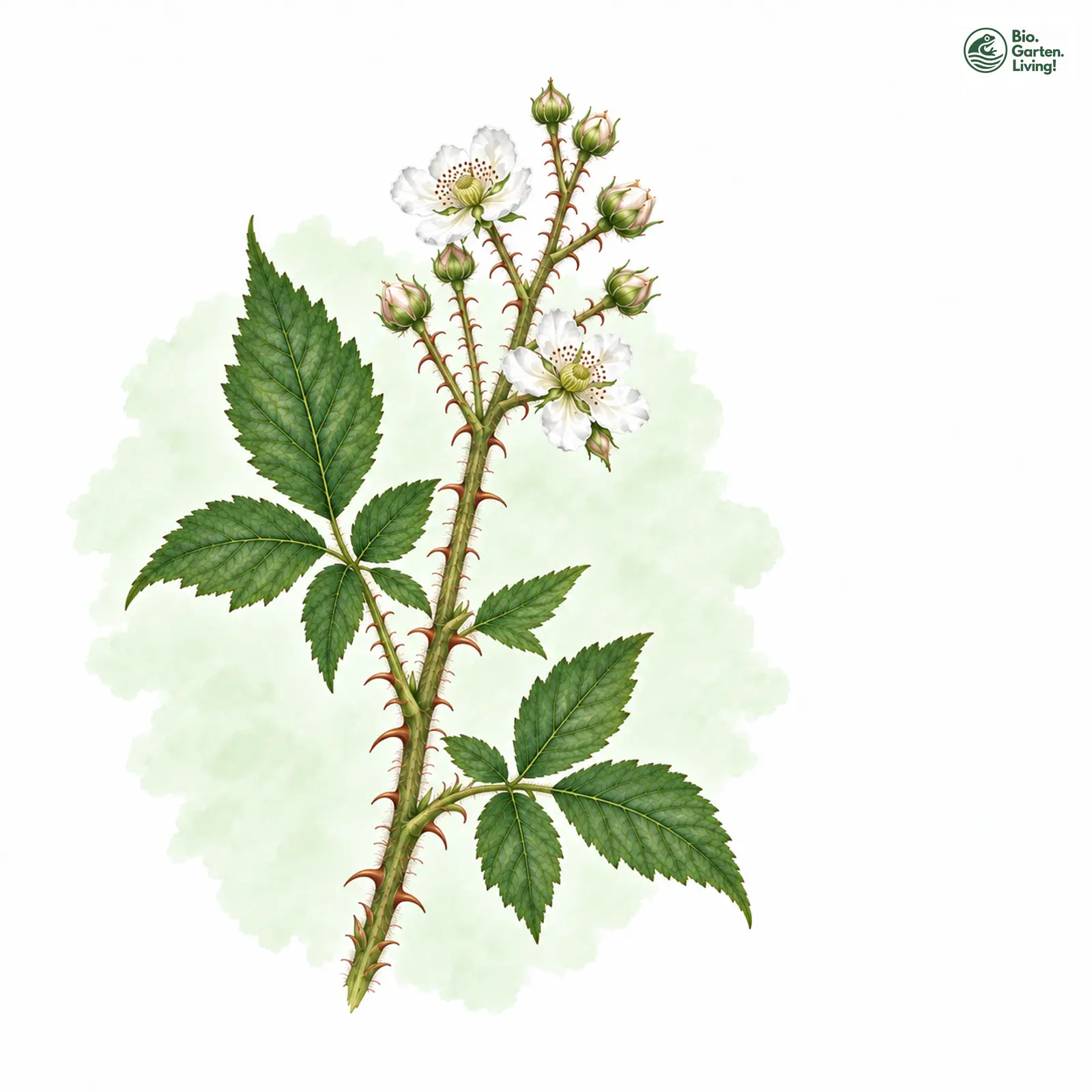 Aquarellzeichnung: Grünästige Brombeere (Rubus chloocladus)