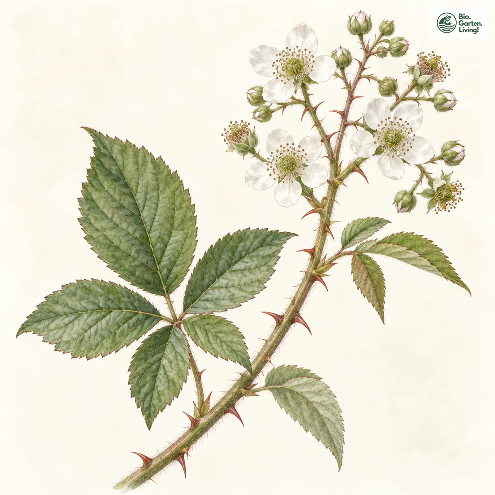 Aquarellzeichnung: Christiansen-Brombeere (Rubus christianseniorum)