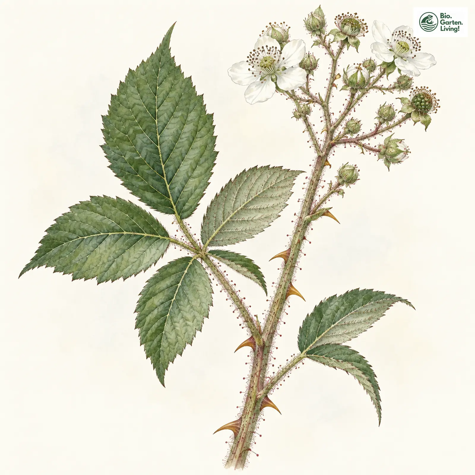 Aquarellzeichnung: Clusius-Brombeere (Rubus clusii)