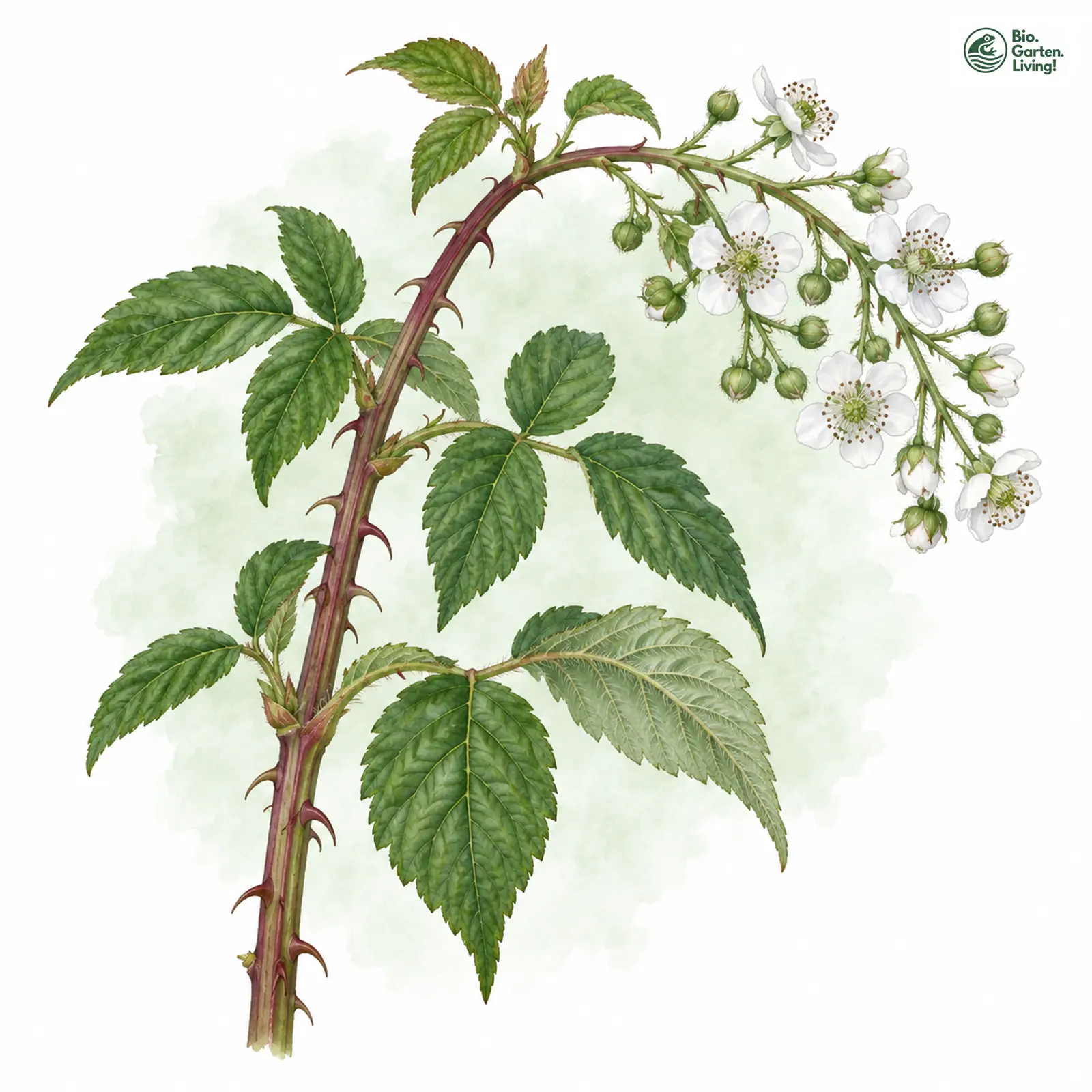 Aquarellzeichnung: Jesteburger Brombeere (Rubus condensatiformis)