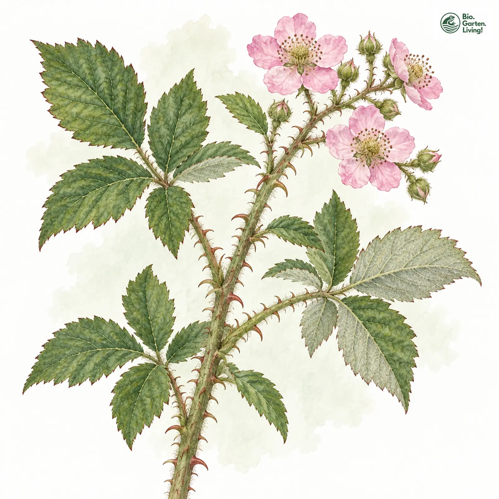 Aquarellzeichnung: Ansehnliche Brombeere (Rubus conspicuus)