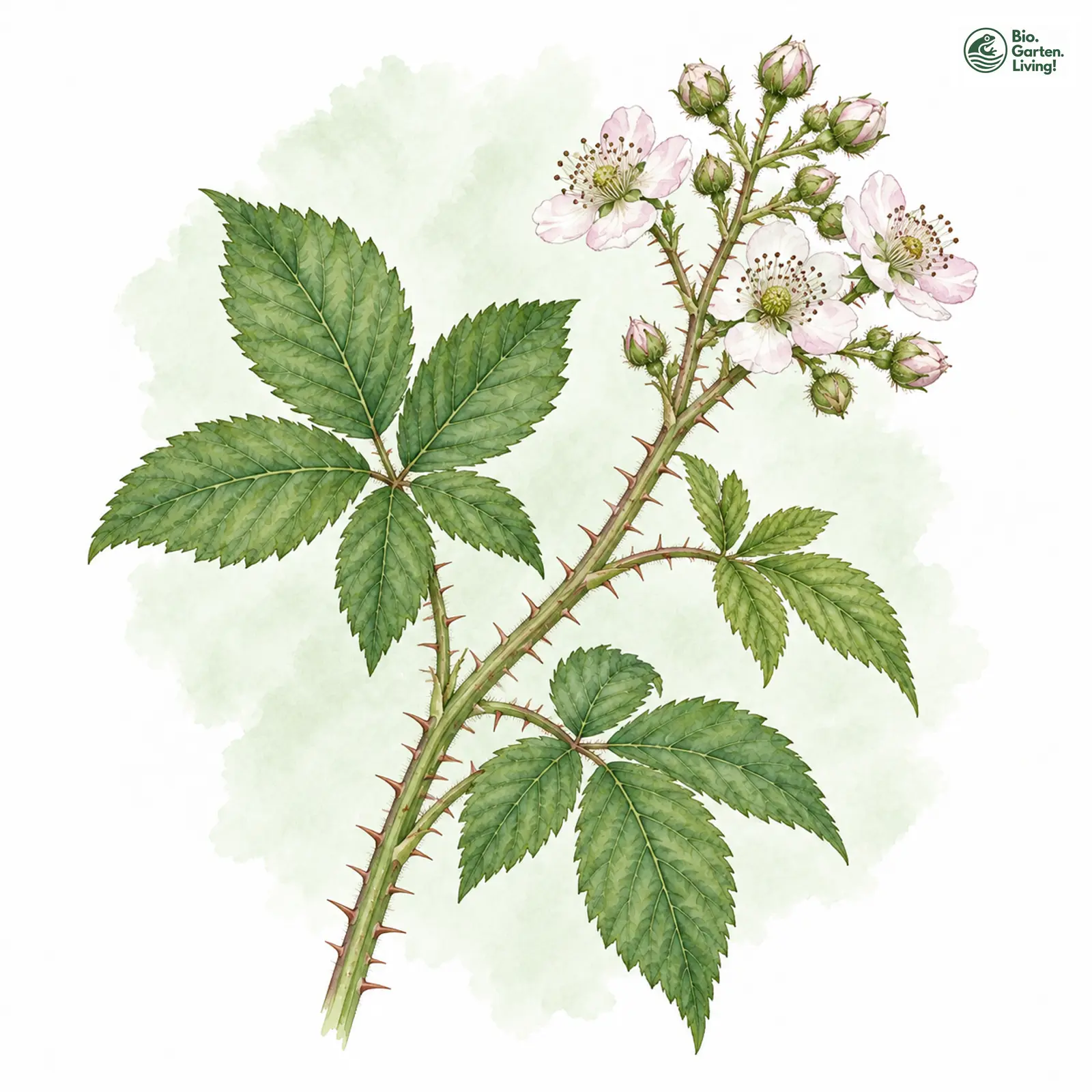 Aquarellzeichnung: Begradigte Brombeere (Rubus correctispinosus)