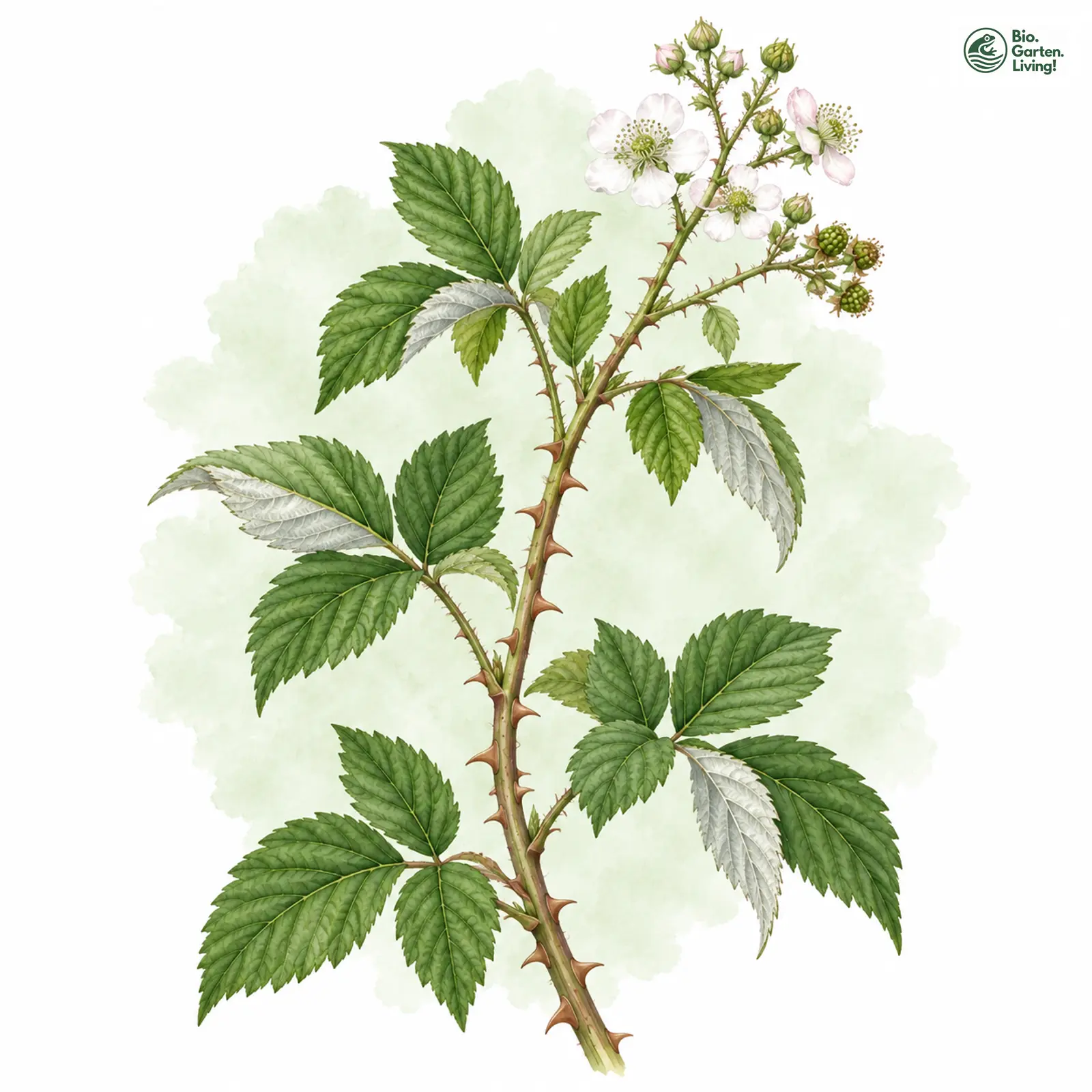 Aquarellzeichnung: Rippenblättrige Brombeere (Rubus costaefolius)