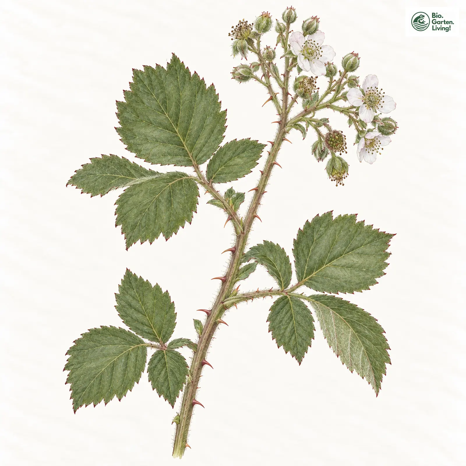 Aquarellzeichnung: Dickzähnige Brombeere (Rubus crassidens)