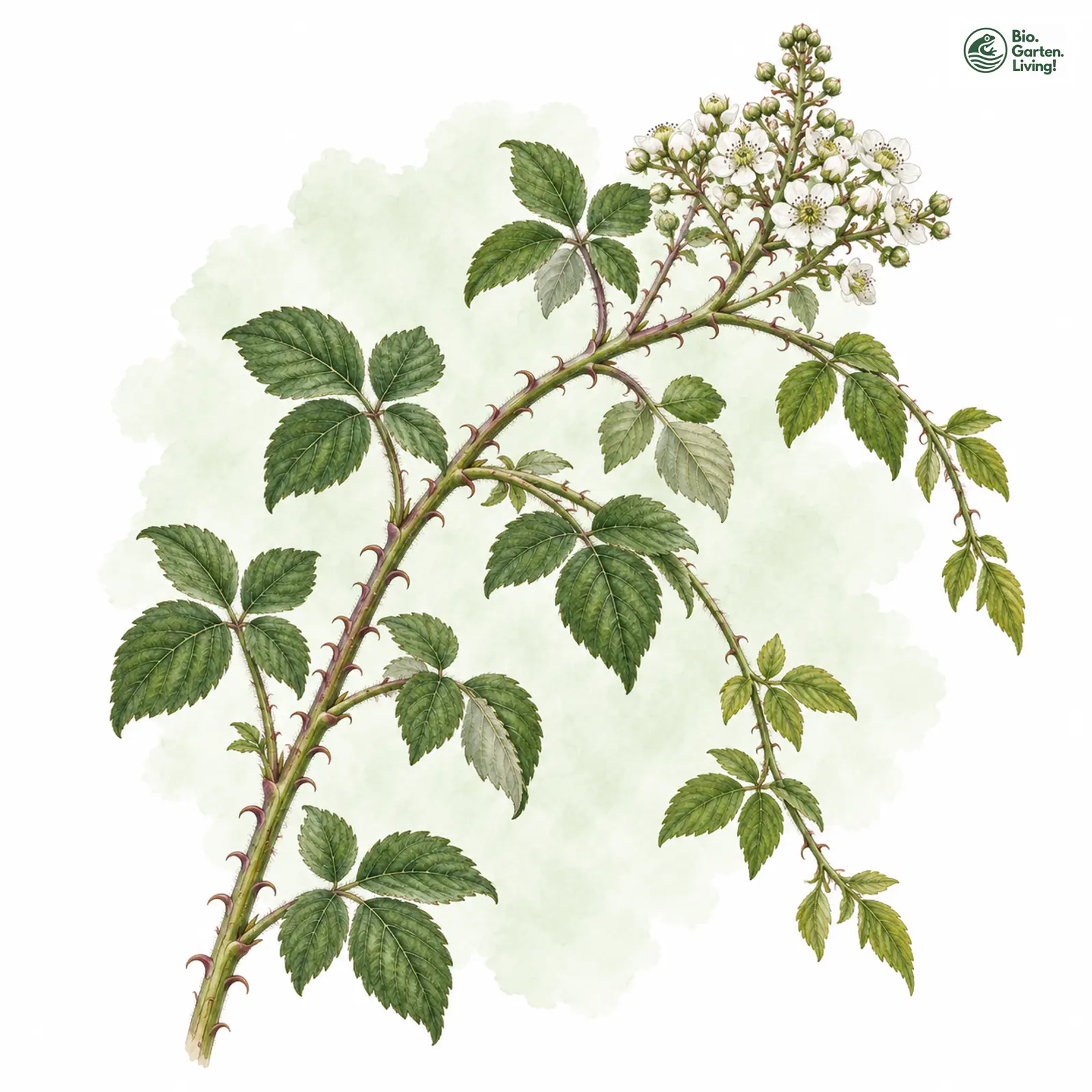 Aquarellzeichnung: Krummnadlige Haselblatt-Brombeere (Rubus curvaciculatus)
