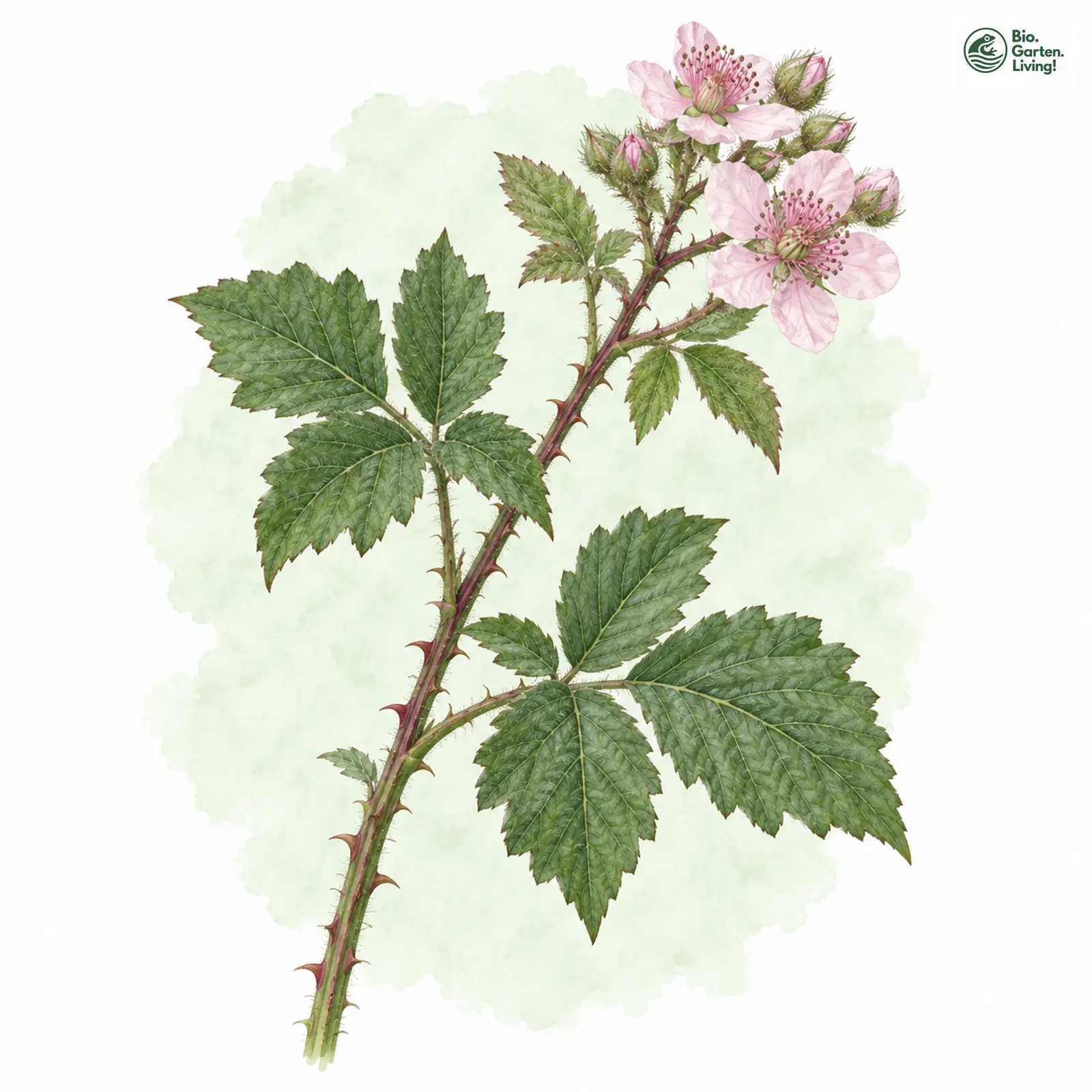 Aquarellzeichnung: Darß-Haselblattbrombeere (Rubus darssensis)