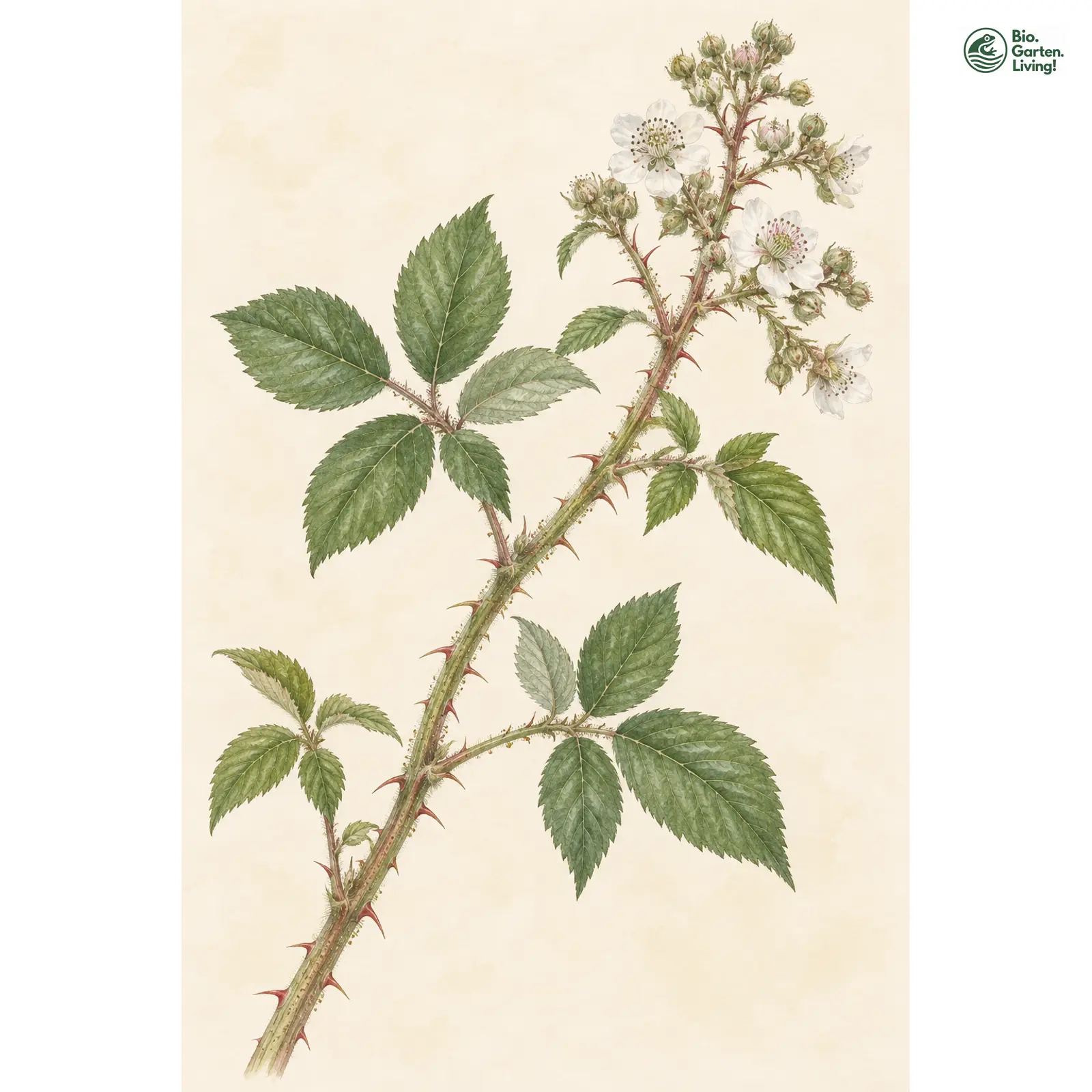 Aquarellzeichnung: Dechen-Brombeere (Rubus dechenii)