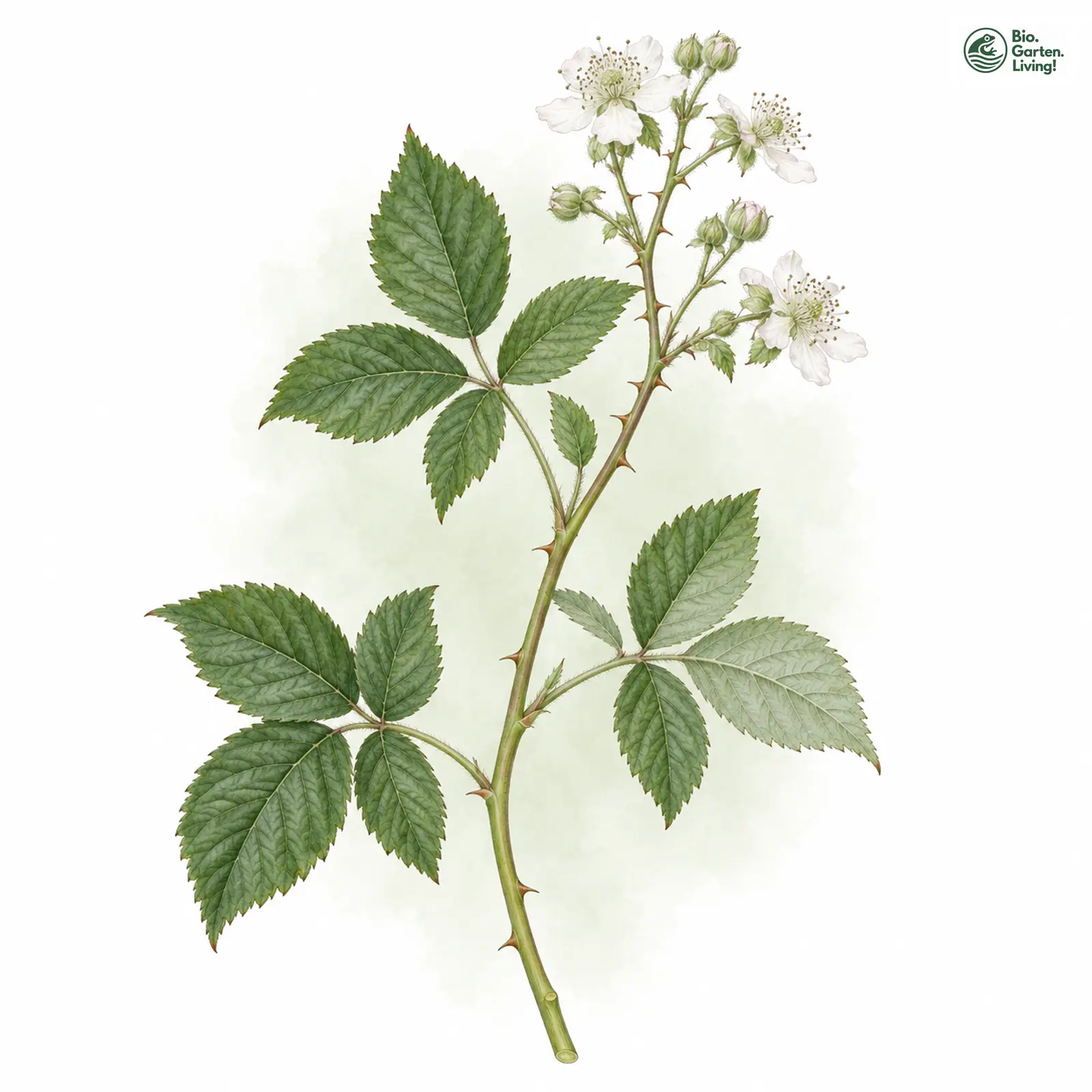 Aquarellzeichnung: Herablaufendstachelige Haselblatt-Brombeere (Rubus decurrentispinus)