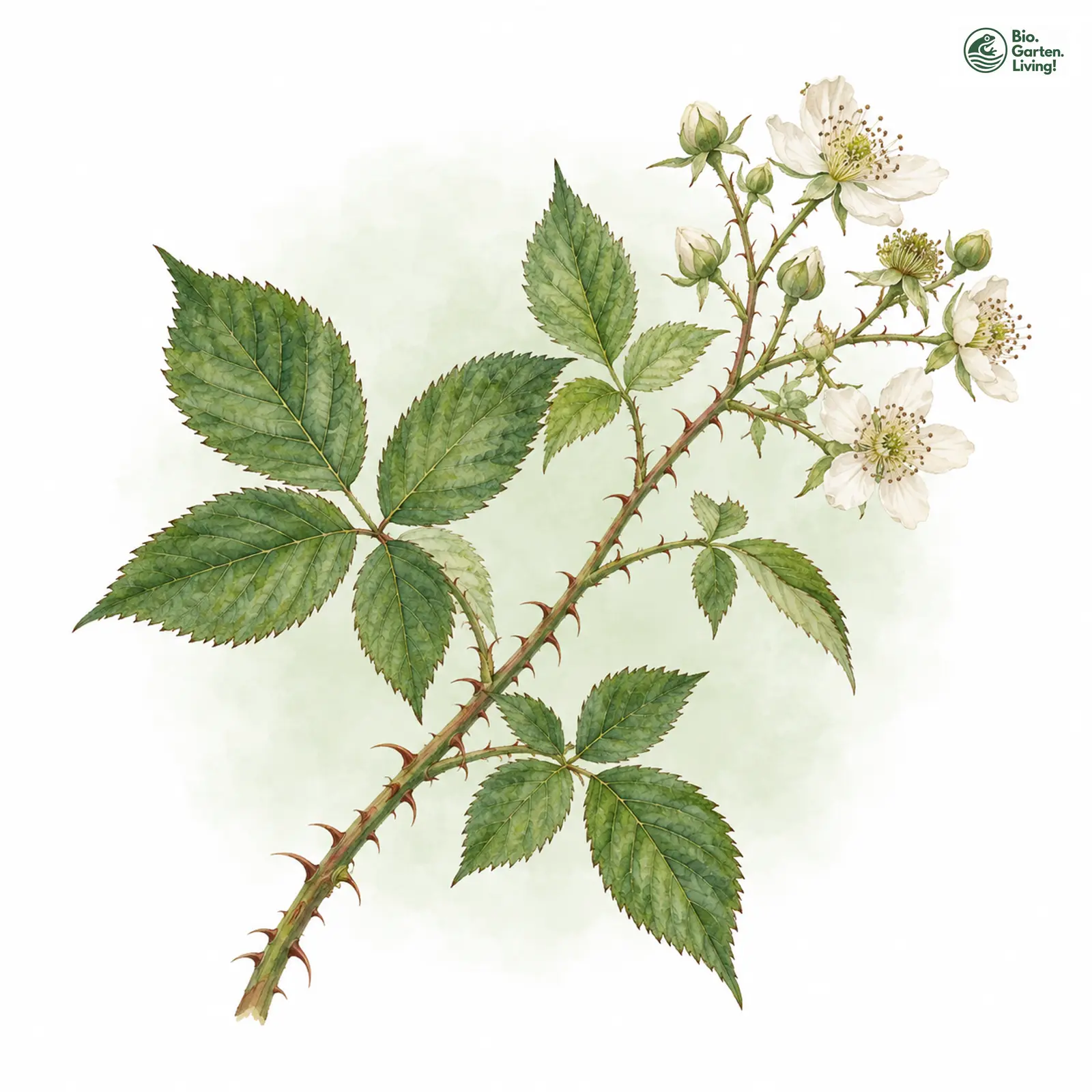 Aquarellzeichnung: Wehrlose Brombeere (Rubus desarmatus)