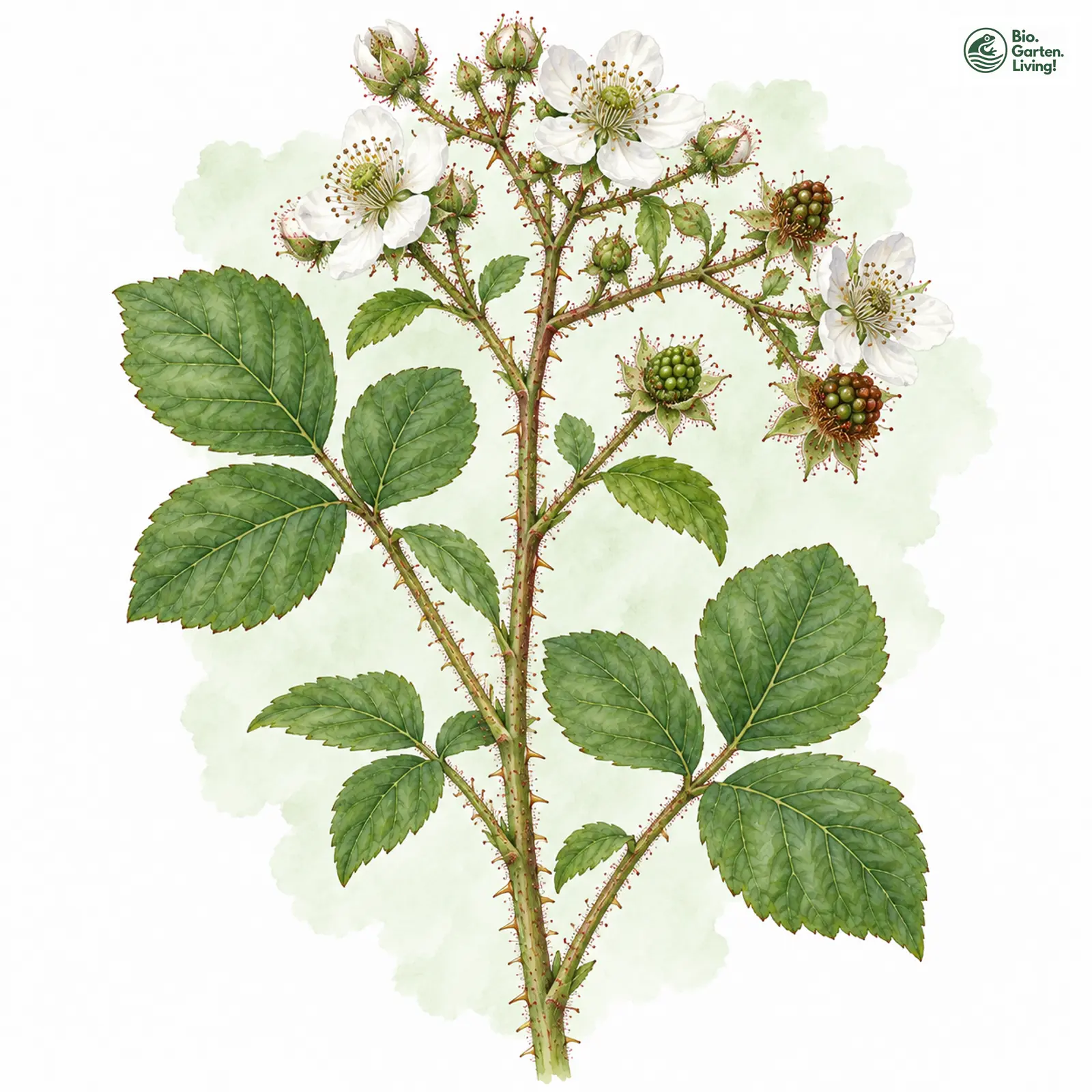 Aquarellzeichnung: Drüsenborstige Haselblatt-Brombeere (Rubus dollnensis)