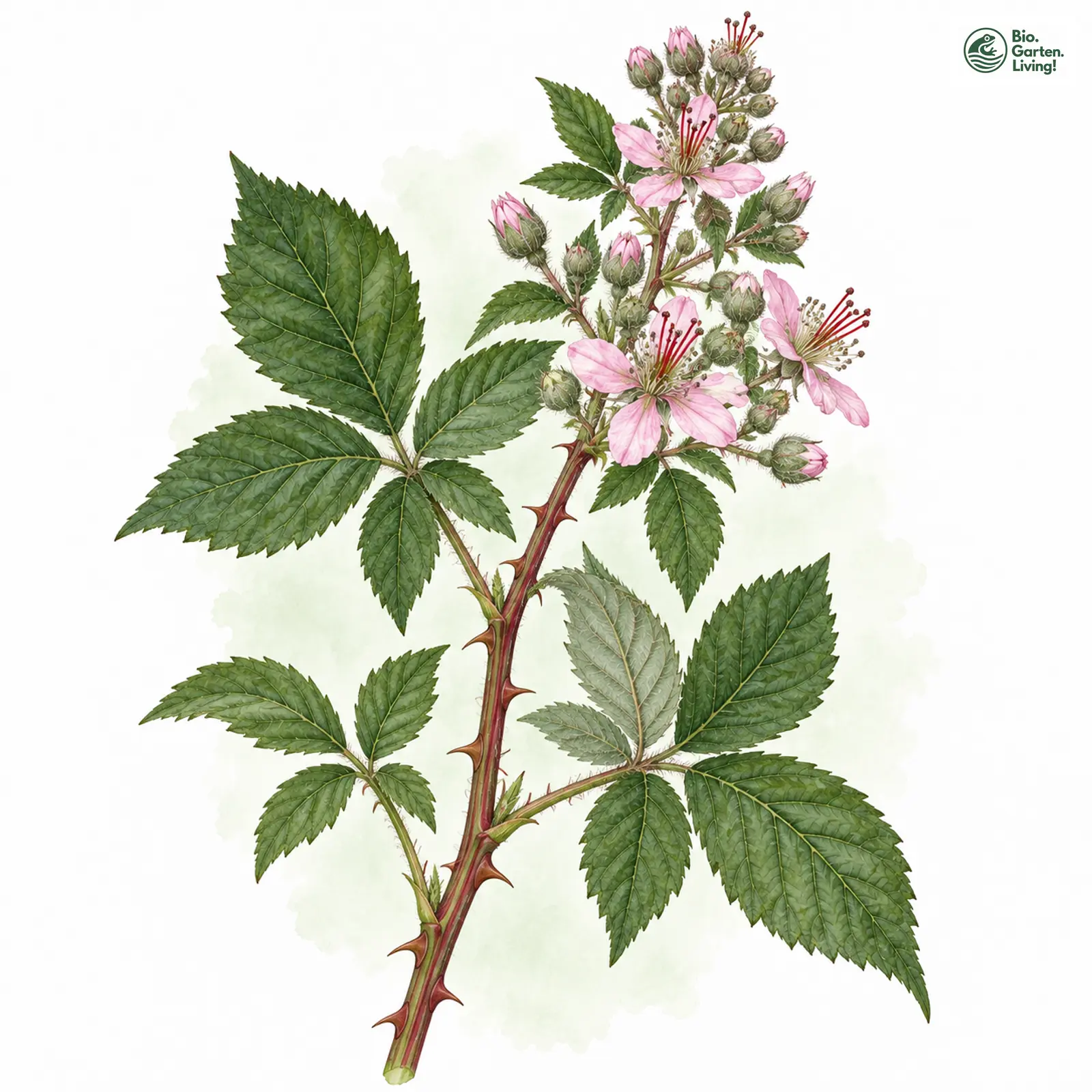 Aquarellzeichnung: Drawehner Brombeere (Rubus dravaenopolabicus)