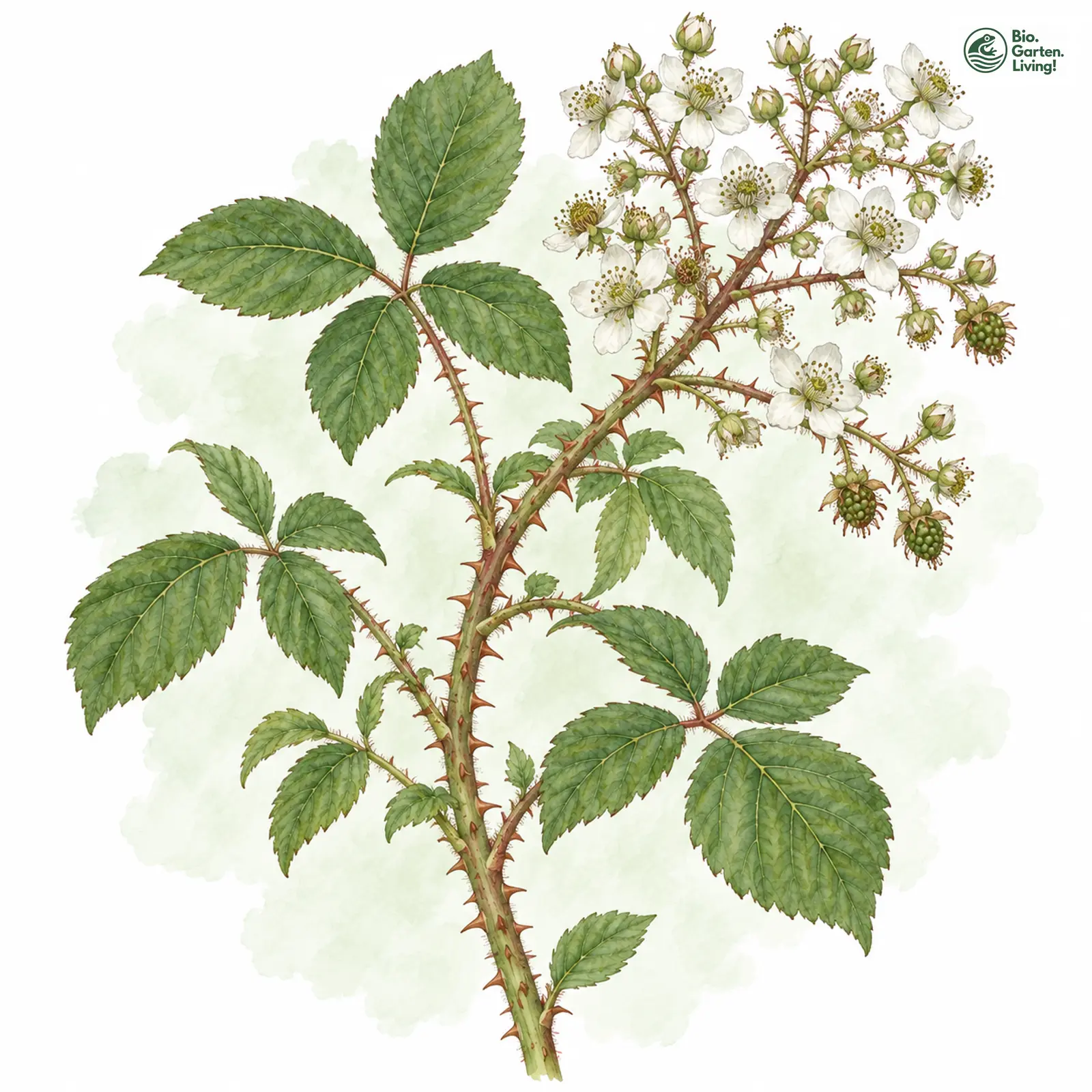 Aquarellzeichnung: Drejer-Brombeere (Rubus drejeri)